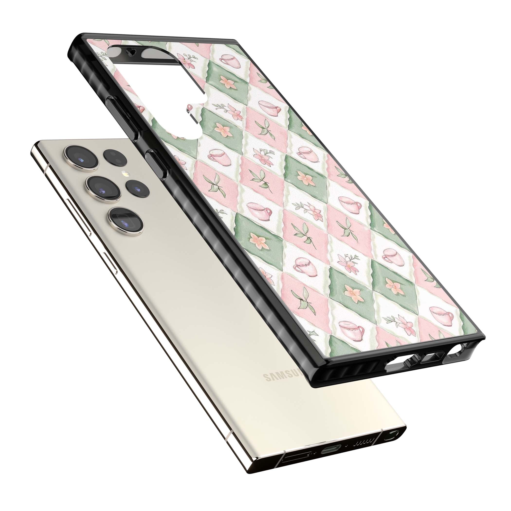 Garden Tea Party coquette iPhone case with pink and green checkered pattern, watercolour teacups and wildflowers | Black Impact case for Samsung Galaxy S24 Ultra, Samsung Galaxy S23 Ultra, Samsung Galaxy S22 Ultra