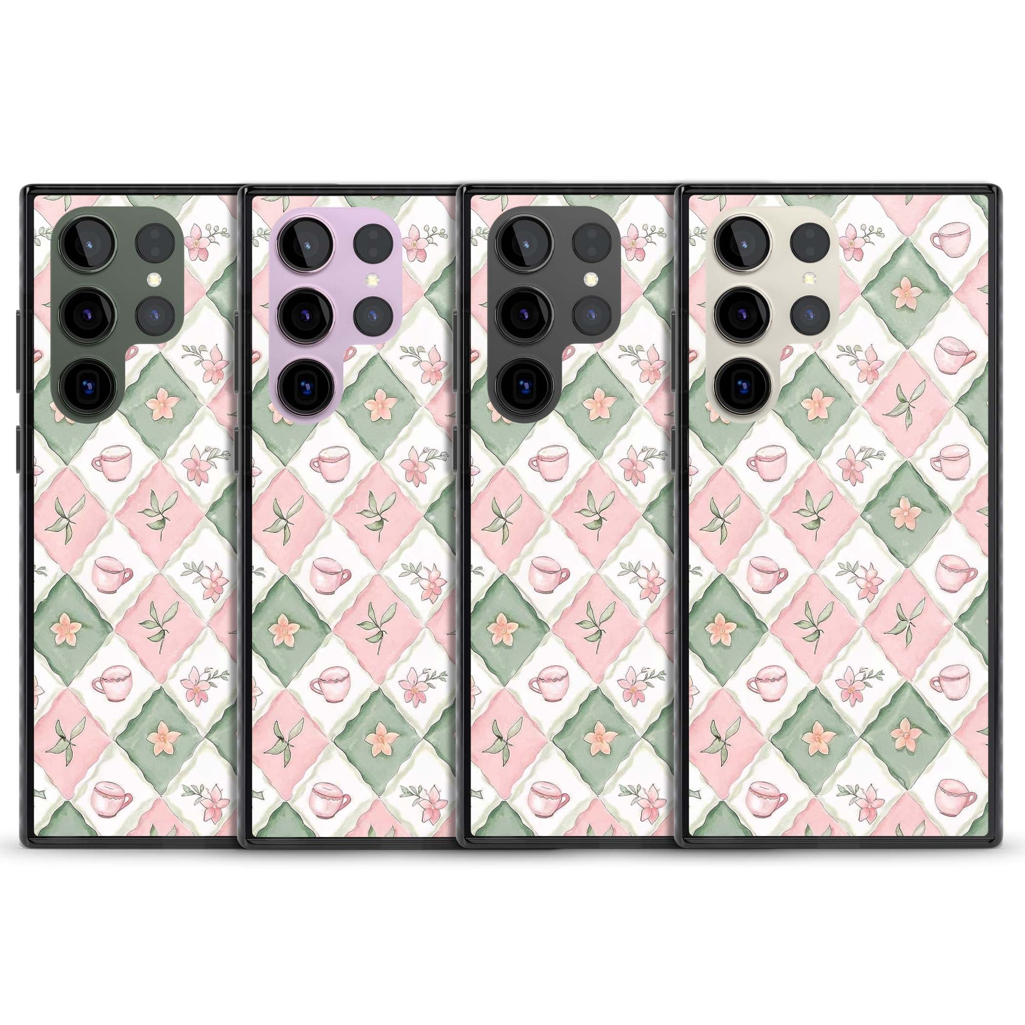 Garden Tea Party coquette iPhone case with pink and green checkered pattern, watercolour teacups and wildflowers | Black Impact case for Samsung Galaxy S24 Ultra, Samsung Galaxy S23 Ultra, Samsung Galaxy S22 Ultra