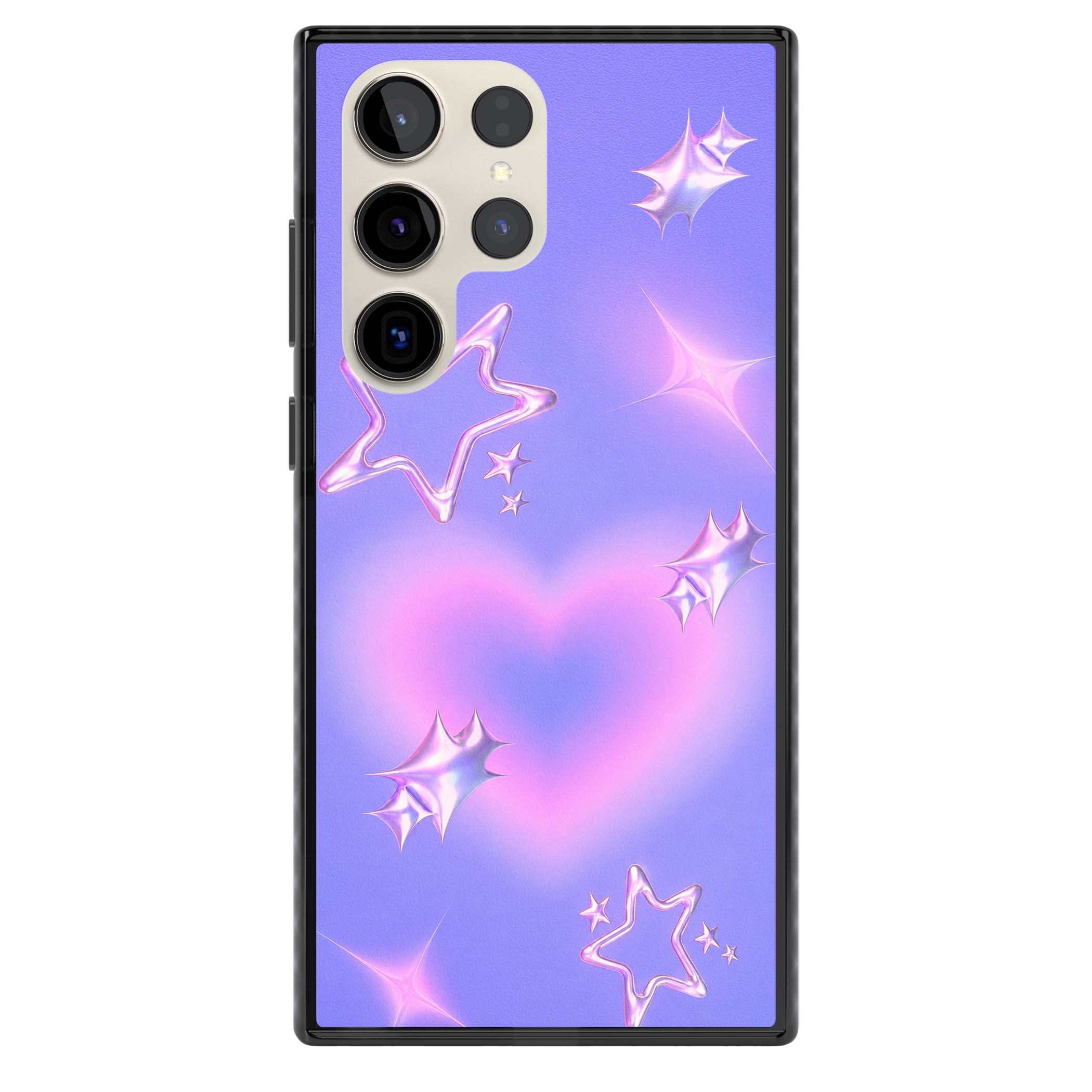 Soft Sugar Y2K iPhone case featuring iridescent chrome hearts, metallic pink stars and a lavender gradient sky | Black Impact case for Samsung Galaxy S24 Ultra, Samsung Galaxy S23 Ultra, Samsung Galaxy S22 Ultra
