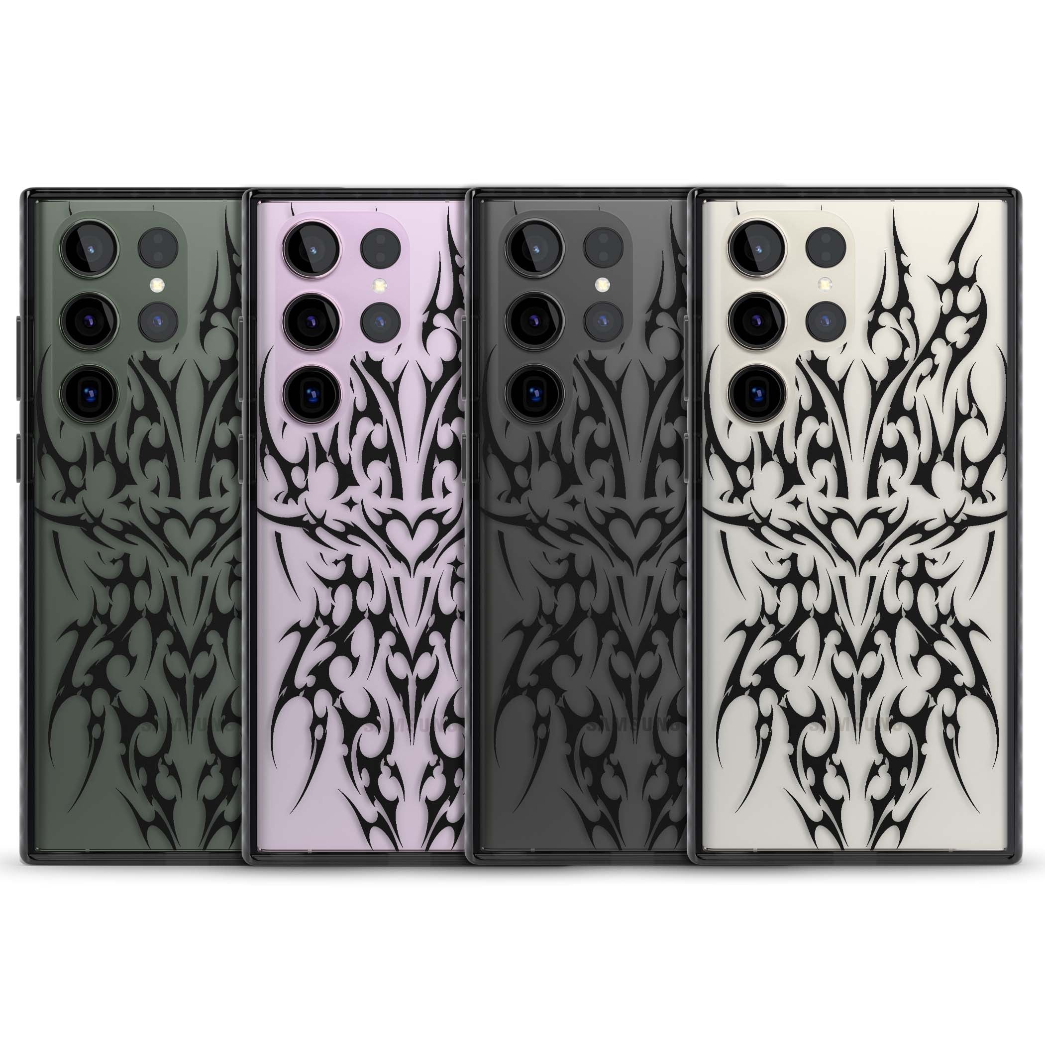 Neo Tribal Heart gothic iPhone case featuring symmetrical black tribal tattoo art with sharp thorn-like linework | Black Impact case for Samsung Galaxy S24 Ultra, Samsung Galaxy S23 Ultra, Samsung Galaxy S22 Ultra