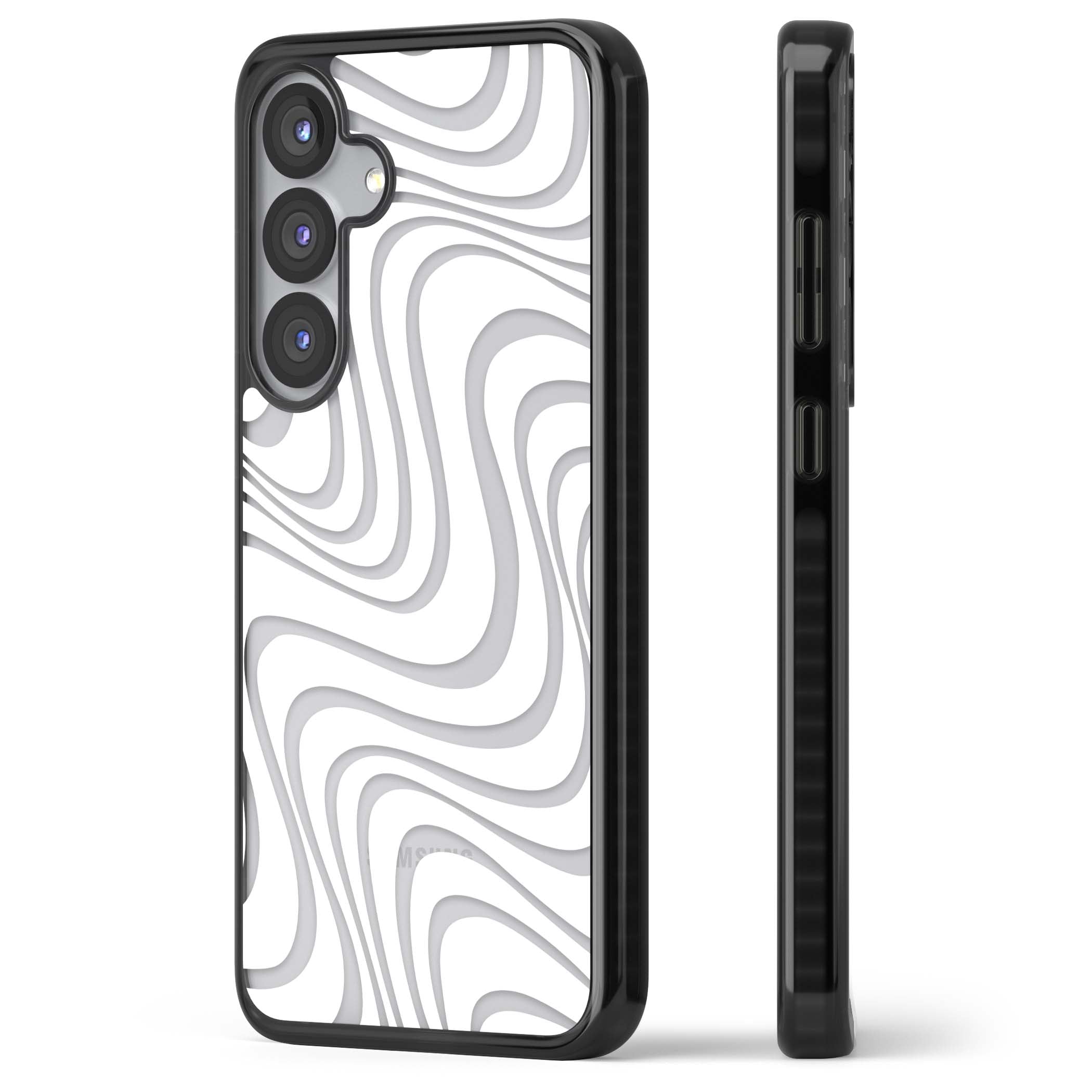 White Abstract Waves abstract iPhone case featuring flowing grey wave pattern on clear background | Black Impact case for Samsung Galaxy S25, Samsung Galaxy S25 Plus