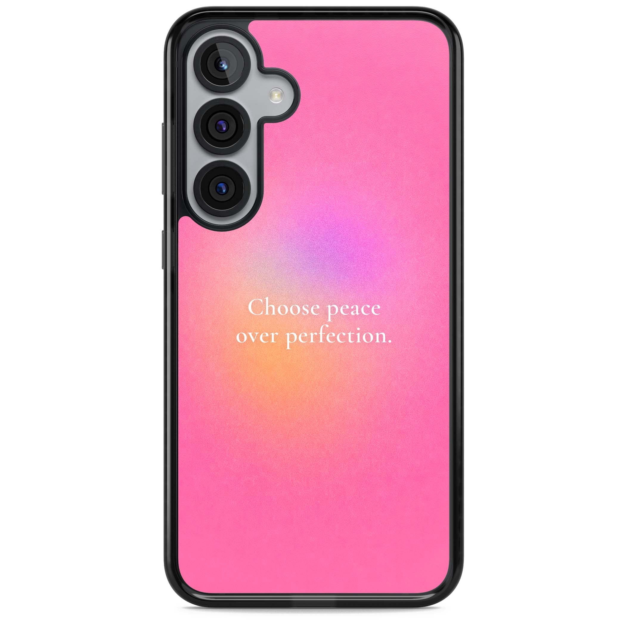 Peace Over Perfection quote iPhone case featuring a dreamy pink aura gradient and delicate white affirmation text | Black Impact case for Samsung Galaxy S25, Samsung Galaxy S25 Plus