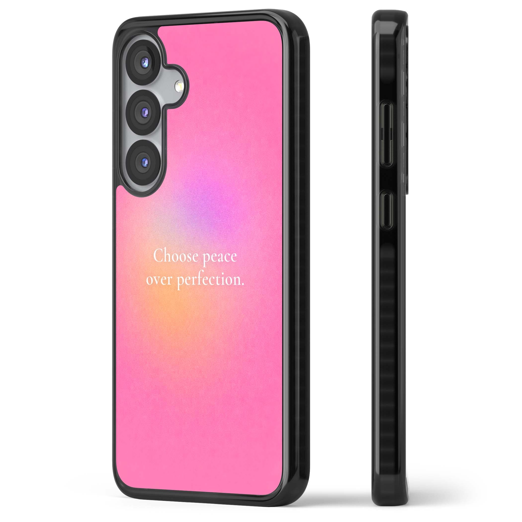 Peace Over Perfection quote iPhone case featuring a dreamy pink aura gradient and delicate white affirmation text | Black Impact case for Samsung Galaxy S25, Samsung Galaxy S25 Plus