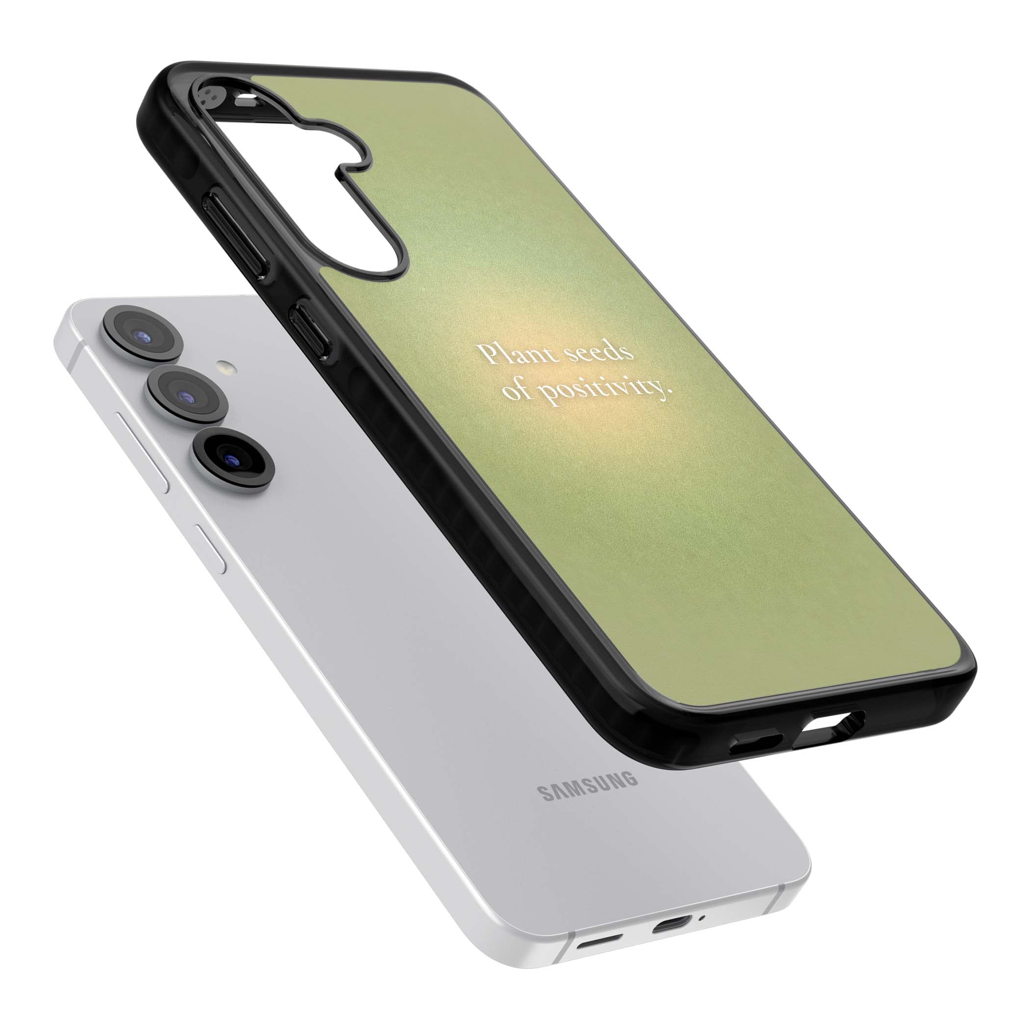 Seeds of Positivity quote iPhone case featuring a sage green aura gradient and golden glow affirmation | Black Impact case for Samsung Galaxy S25, Samsung Galaxy S25 Plus