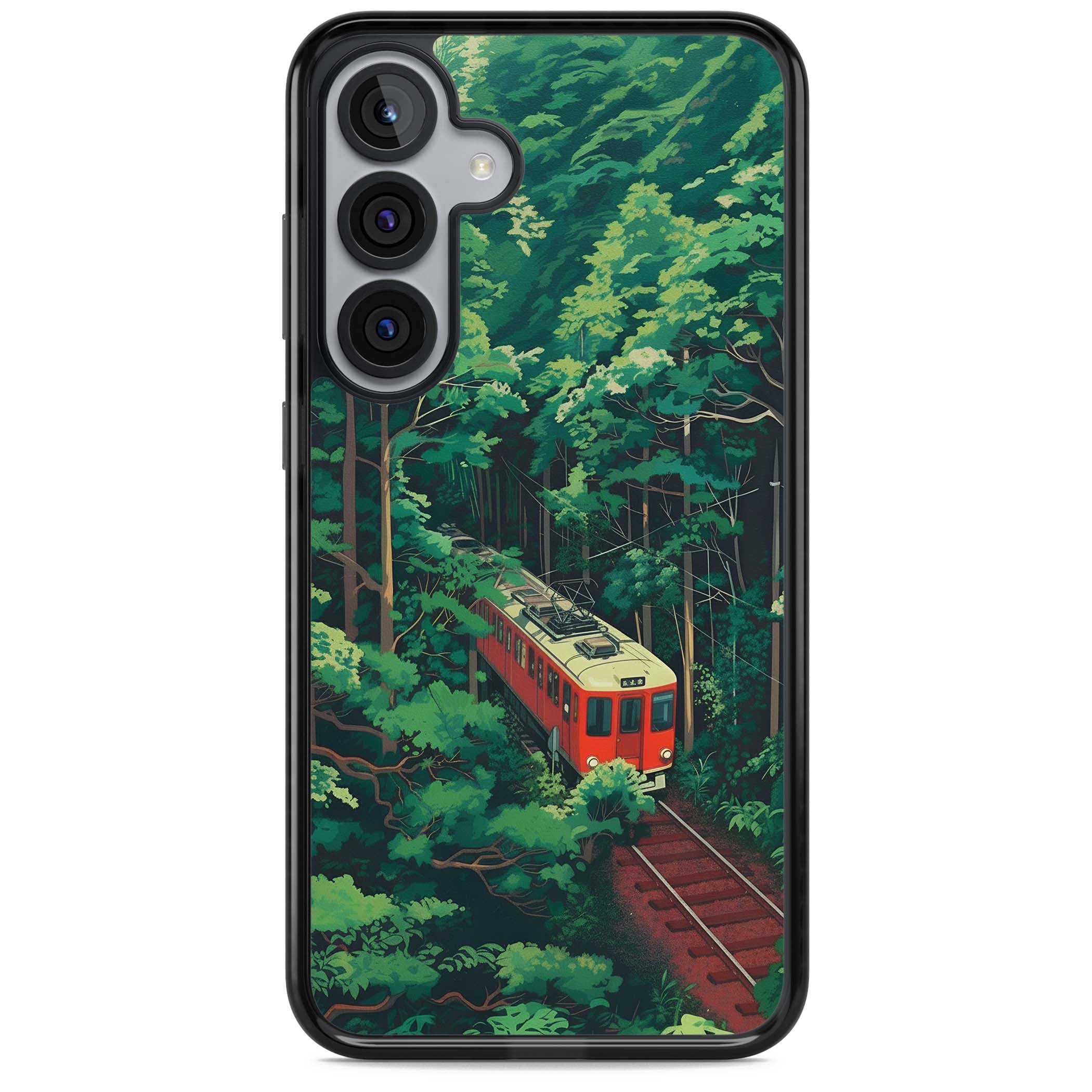 Railway In Toyama Japanese iPhone case featuring a red train, cedar forest and winding mountain railway tracks | Black Impact case for Samsung Galaxy S25, Samsung Galaxy S25 Plus