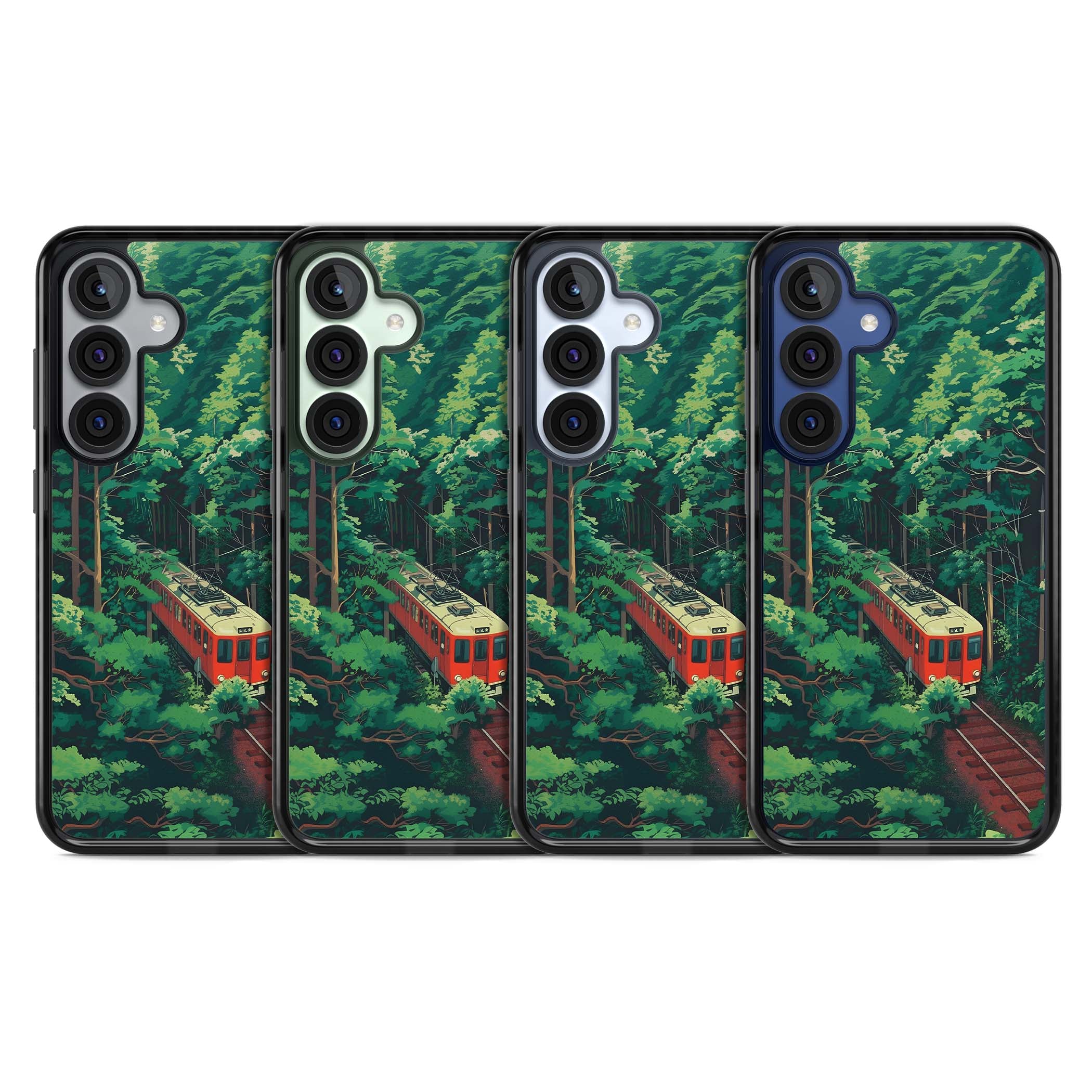 Railway In Toyama Japanese iPhone case featuring a red train, cedar forest and winding mountain railway tracks | Black Impact case for Samsung Galaxy S25, Samsung Galaxy S25 Plus