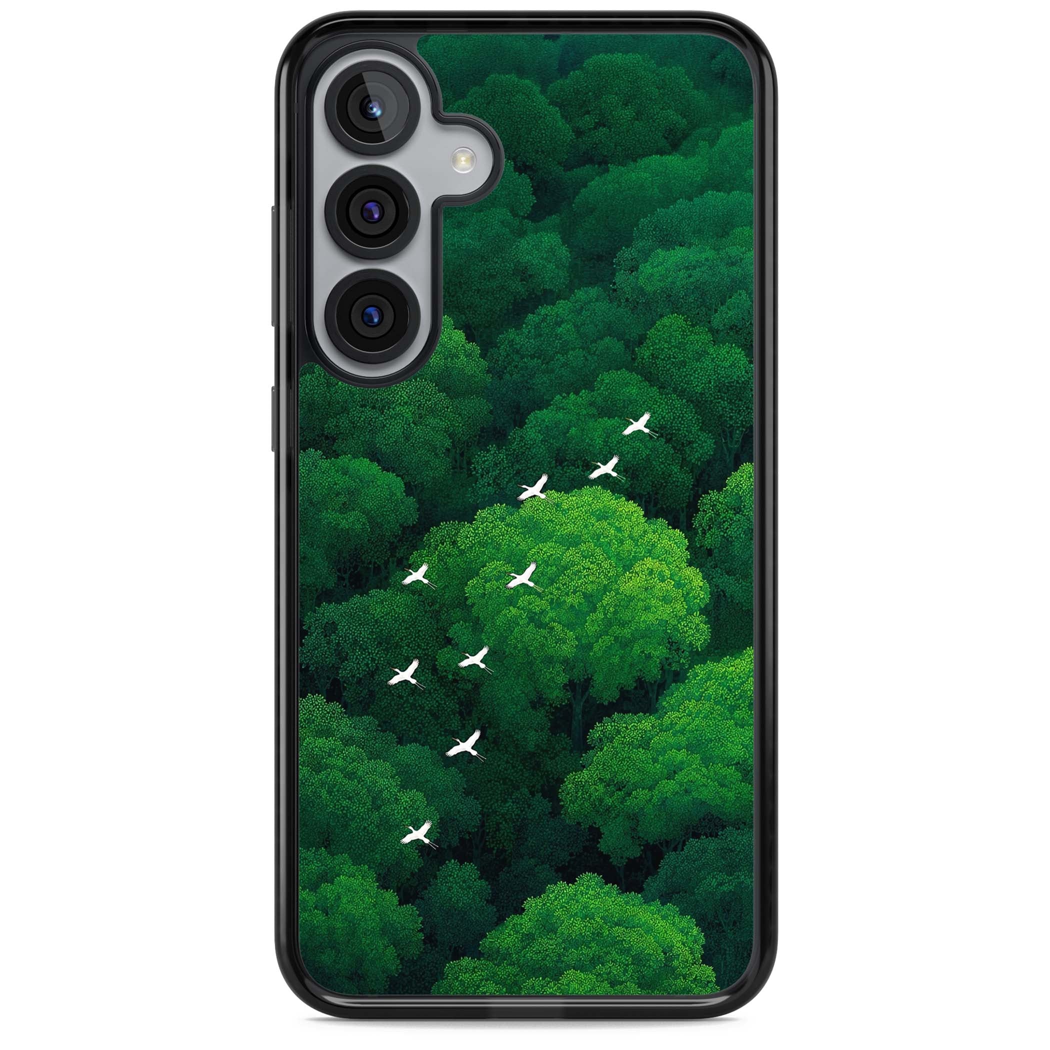 Grove Migration forest iPhone case featuring white cranes flying over lush green treetop canopy | Black Impact case for Samsung Galaxy S25, Samsung Galaxy S25 Plus