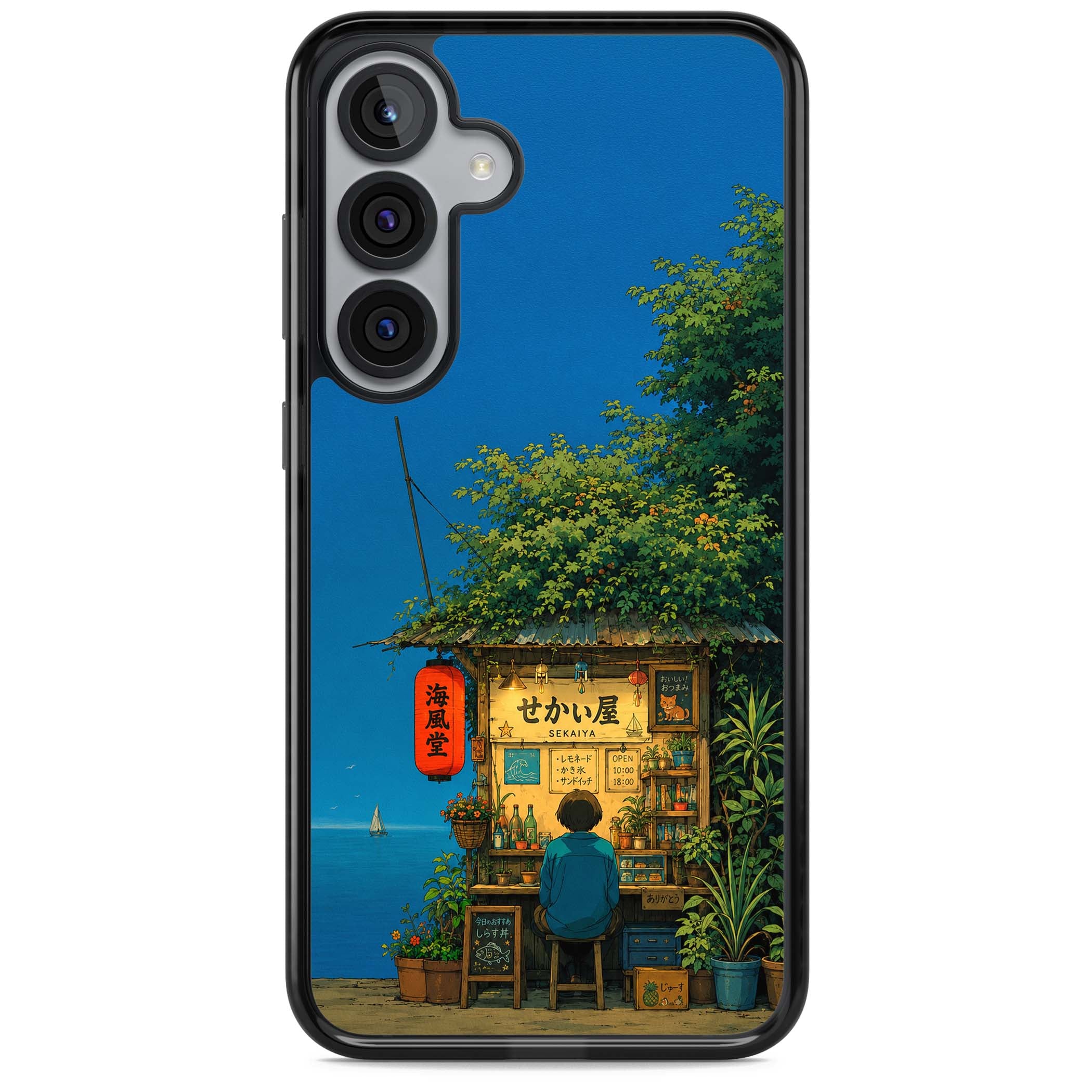 The Shirahama Kiosk anime iPhone case featuring a Japanese seaside shop, red paper lantern and ocean view | Black Impact case for Samsung Galaxy S25, Samsung Galaxy S25 Plus