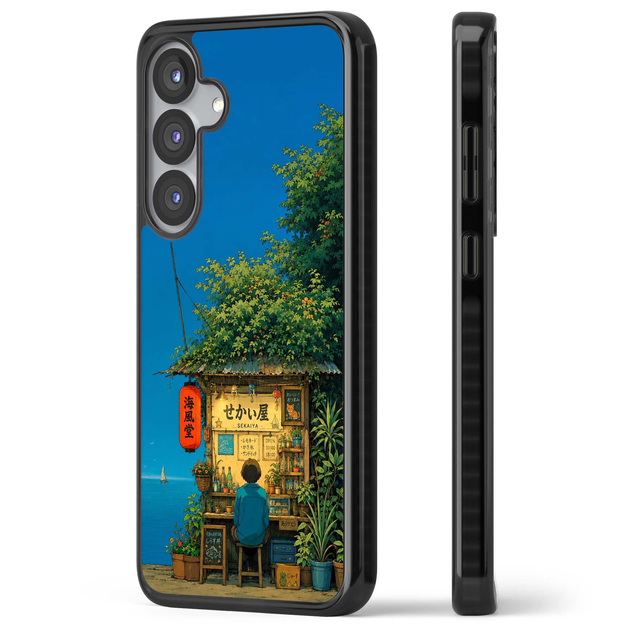The Shirahama Kiosk anime iPhone case featuring a Japanese seaside shop, red paper lantern and ocean view | Black Impact case for Samsung Galaxy S25, Samsung Galaxy S25 Plus
