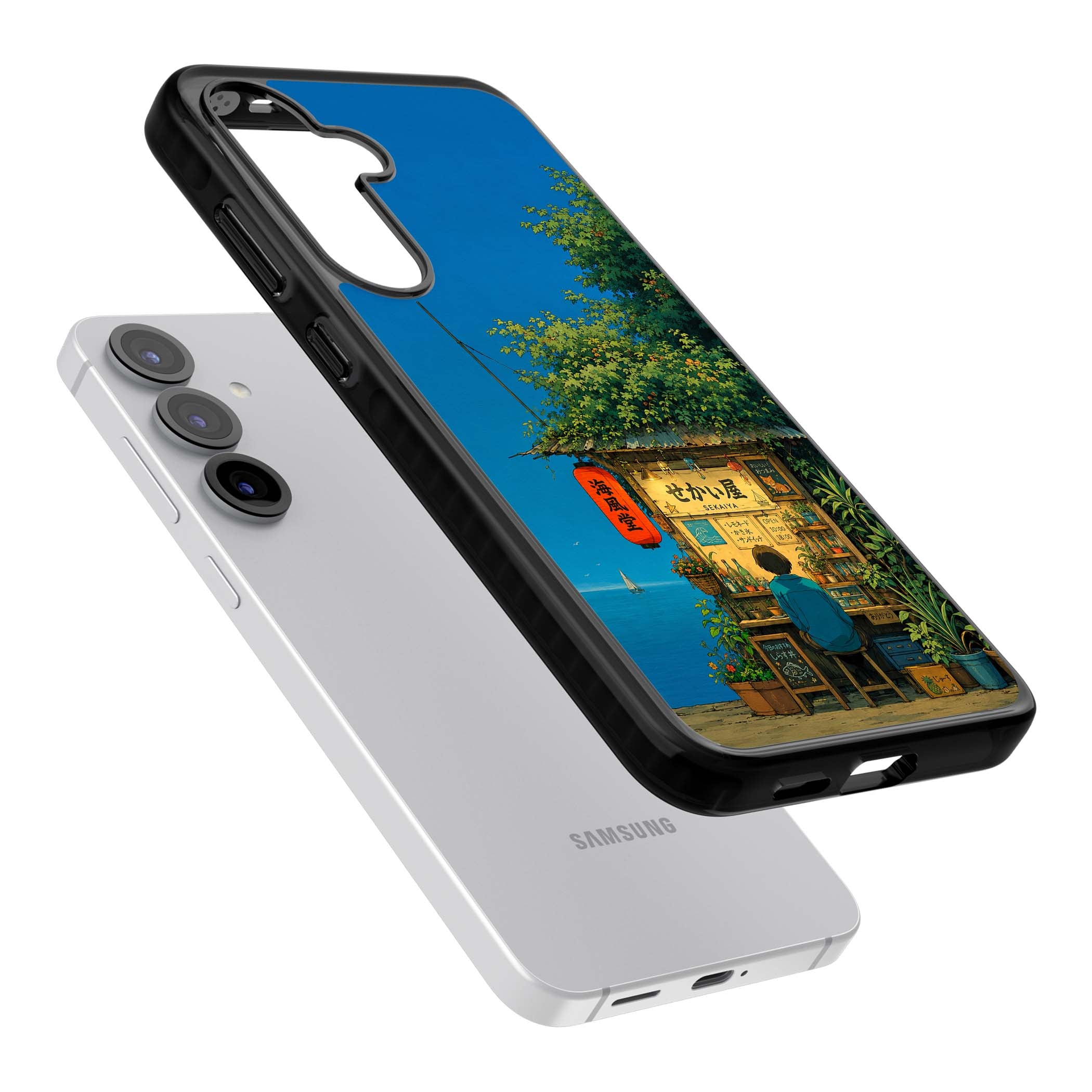 The Shirahama Kiosk anime iPhone case featuring a Japanese seaside shop, red paper lantern and ocean view | Black Impact case for Samsung Galaxy S25, Samsung Galaxy S25 Plus