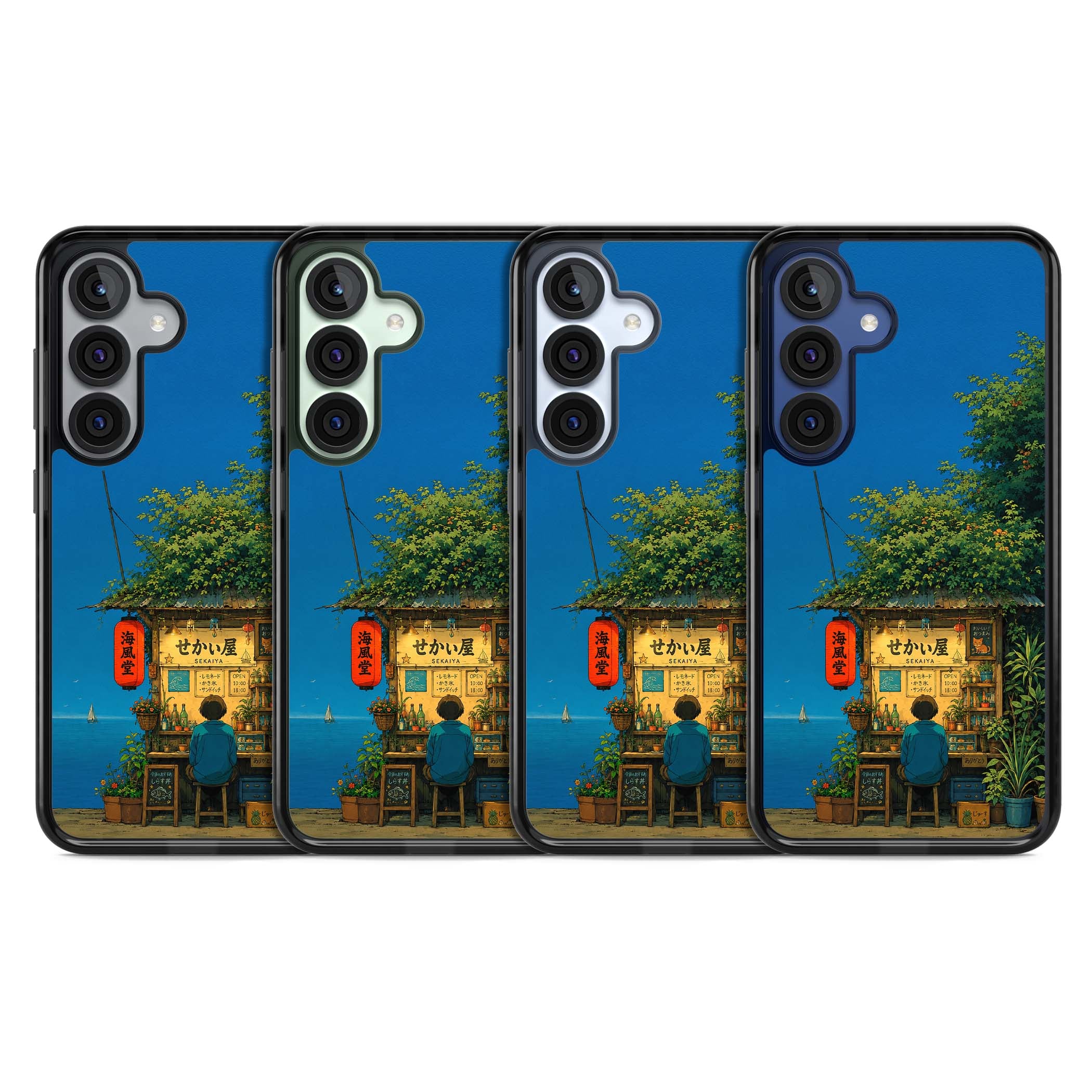The Shirahama Kiosk anime iPhone case featuring a Japanese seaside shop, red paper lantern and ocean view | Black Impact case for Samsung Galaxy S25, Samsung Galaxy S25 Plus