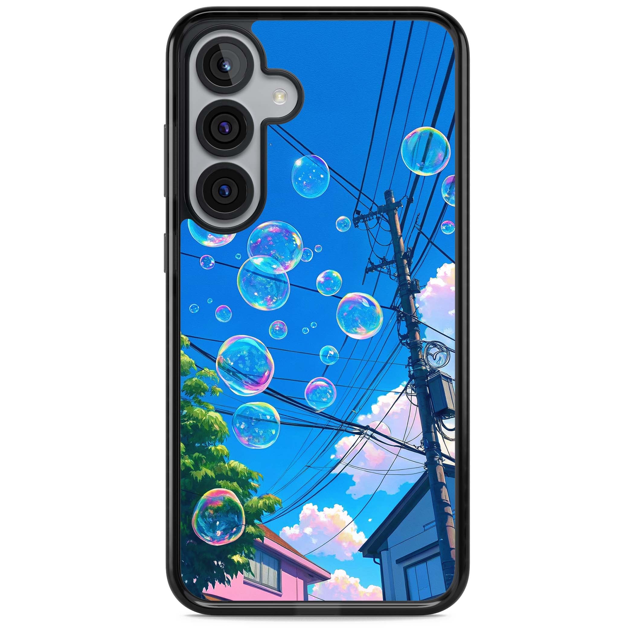 Suburban Bubbles anime iPhone case featuring iridescent soap bubbles, blue sky and Japanese telephone wires | Black Impact case for Samsung Galaxy S25, Samsung Galaxy S25 Plus