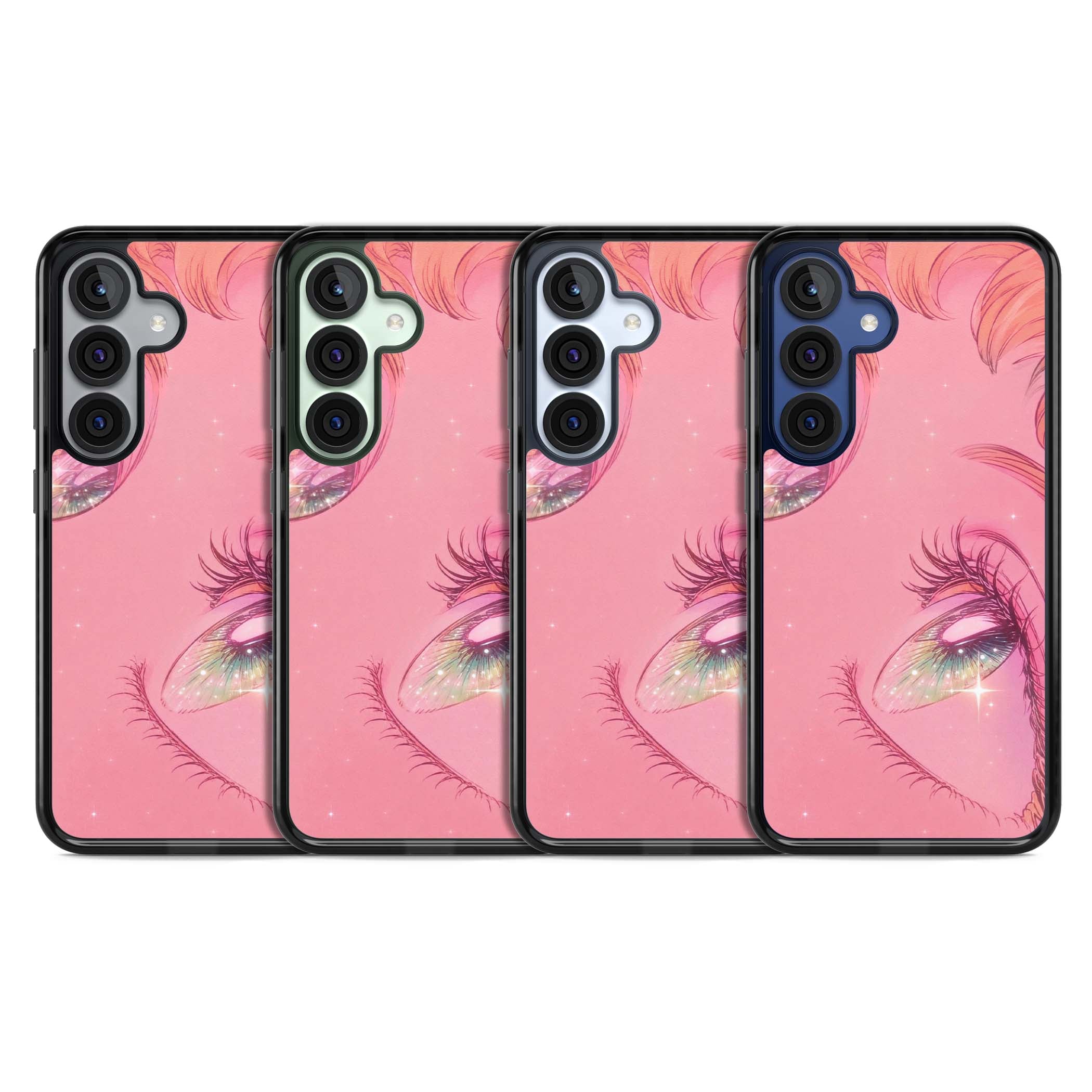 Pink Ethereal Gaze anime iPhone case featuring sparkling manga eyes, coral lashes and dreamy peach sky | Black Impact case for Samsung Galaxy S25, Samsung Galaxy S25 Plus
