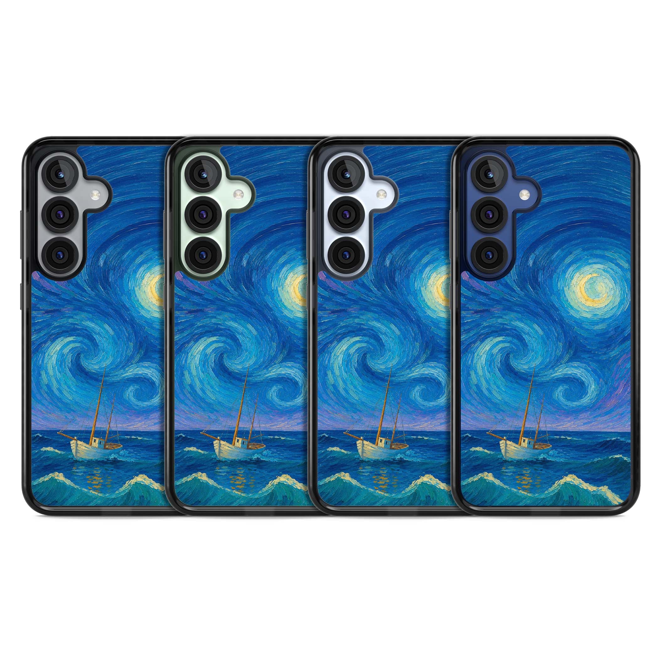 Moonlit Tide Van Gogh art iPhone case featuring swirling starry night sky, glowing moon and lone sailing boat at sea | Black Impact case for Samsung Galaxy S25, Samsung Galaxy S25 Plus