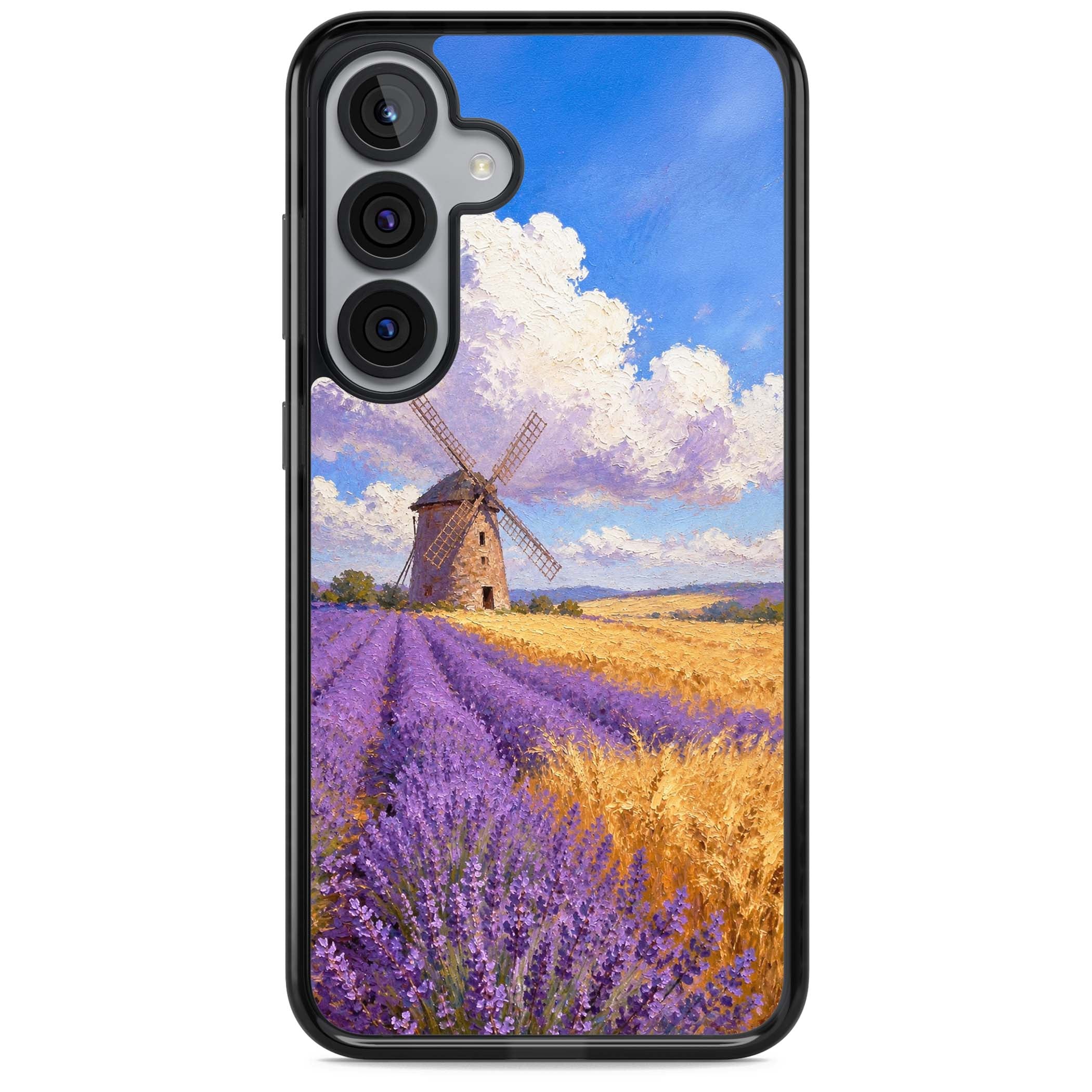Lavender Mill cottagecore iPhone case featuring a French windmill, lavender field and golden wheat oil painting | Black Impact case for Samsung Galaxy S25, Samsung Galaxy S25 Plus
