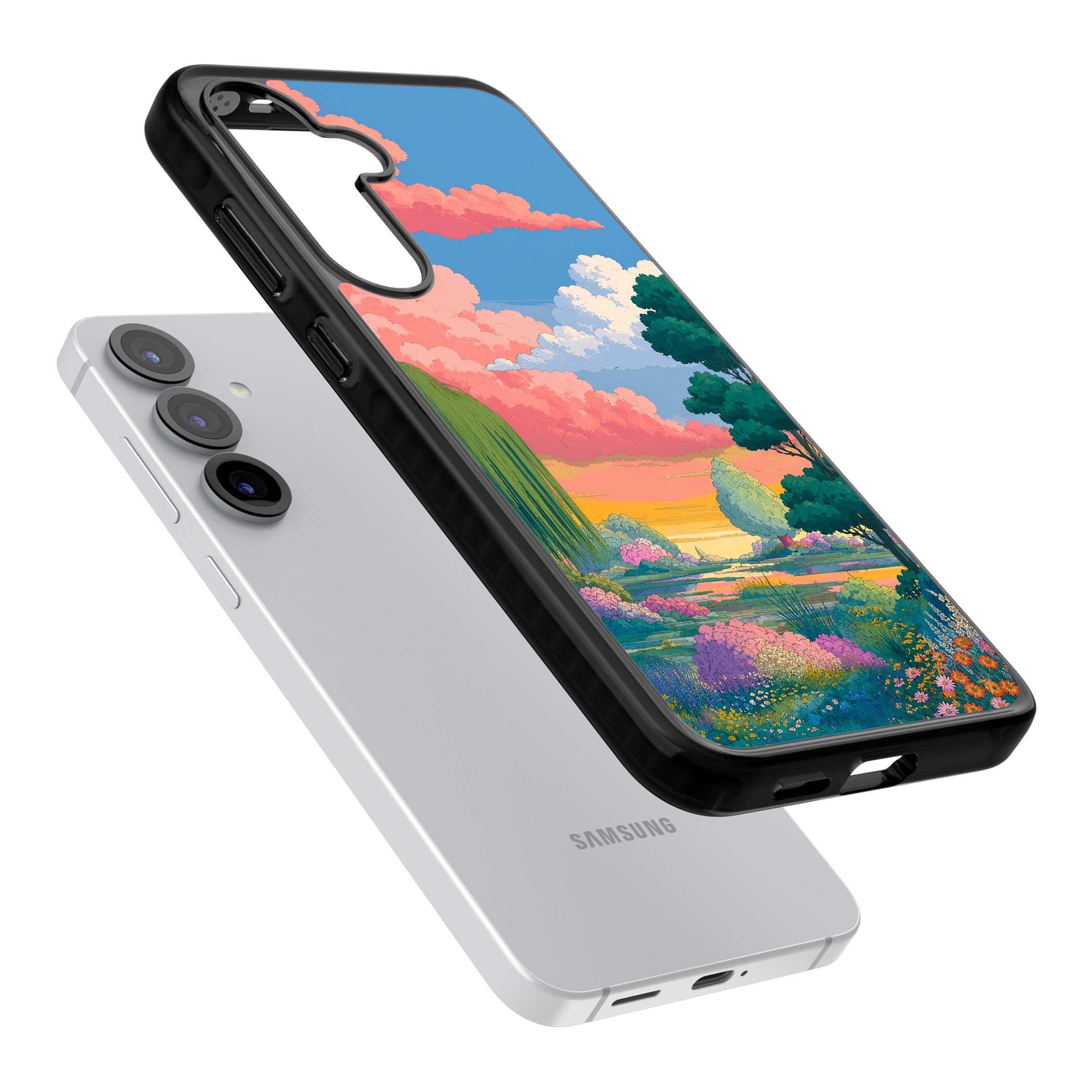 Dream Valley anime landscape iPhone case featuring pink sunset clouds, willow trees and wildflowers | Black Impact case for Samsung Galaxy S25, Samsung Galaxy S25 Plus