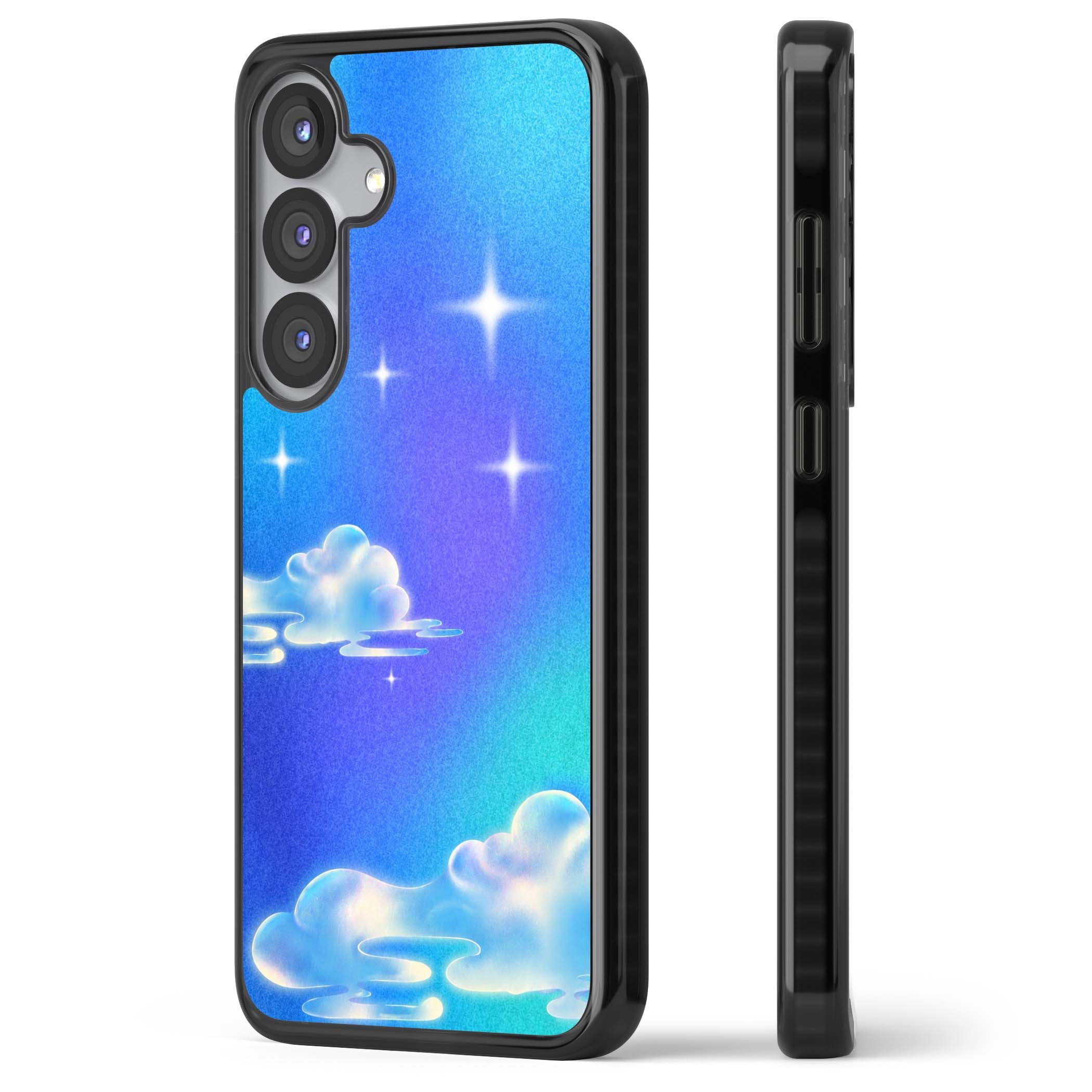 Aurora celestial iPhone case featuring dreamy iridescent clouds, sparkling stars and pastel blue purple sky | Black Impact case for Samsung Galaxy S25, Samsung Galaxy S25 Plus