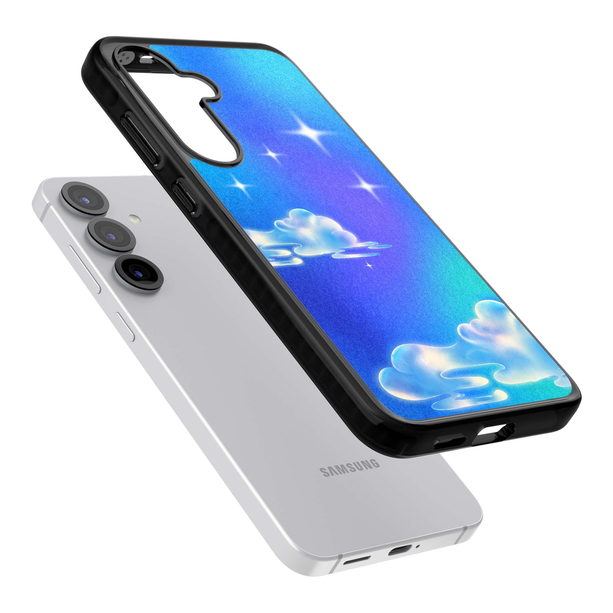 Aurora celestial iPhone case featuring dreamy iridescent clouds, sparkling stars and pastel blue purple sky | Black Impact case for Samsung Galaxy S25, Samsung Galaxy S25 Plus