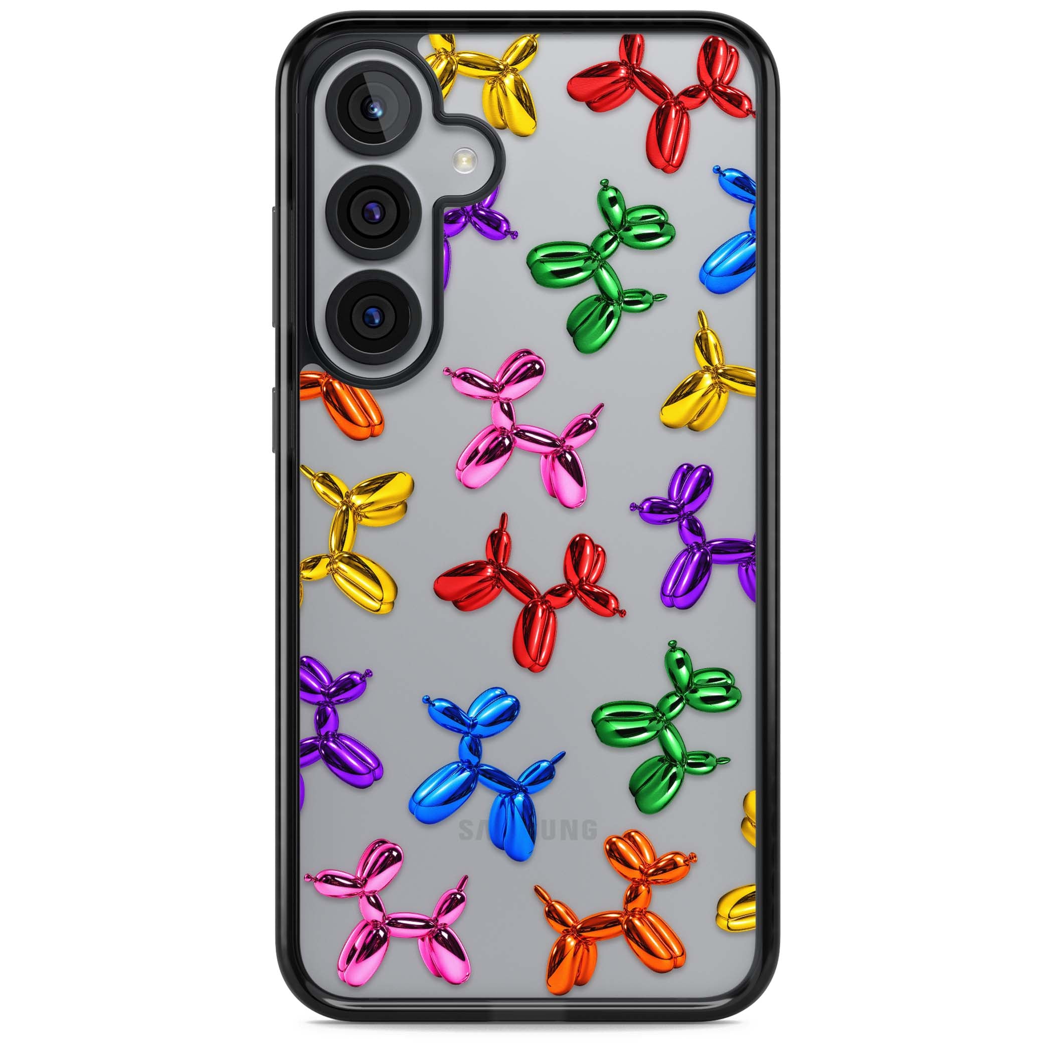 Balloon Dogs pop art iPhone case featuring rainbow chrome balloon dogs in Jeff Koons style | Black Impact case for Samsung Galaxy S25, Samsung Galaxy S25 Plus