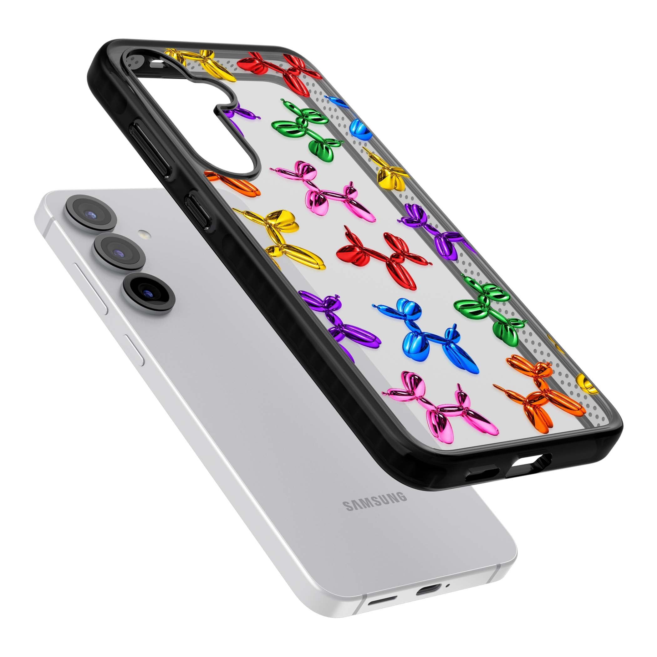 Balloon Dogs pop art iPhone case featuring rainbow chrome balloon dogs in Jeff Koons style | Black Impact case for Samsung Galaxy S25, Samsung Galaxy S25 Plus