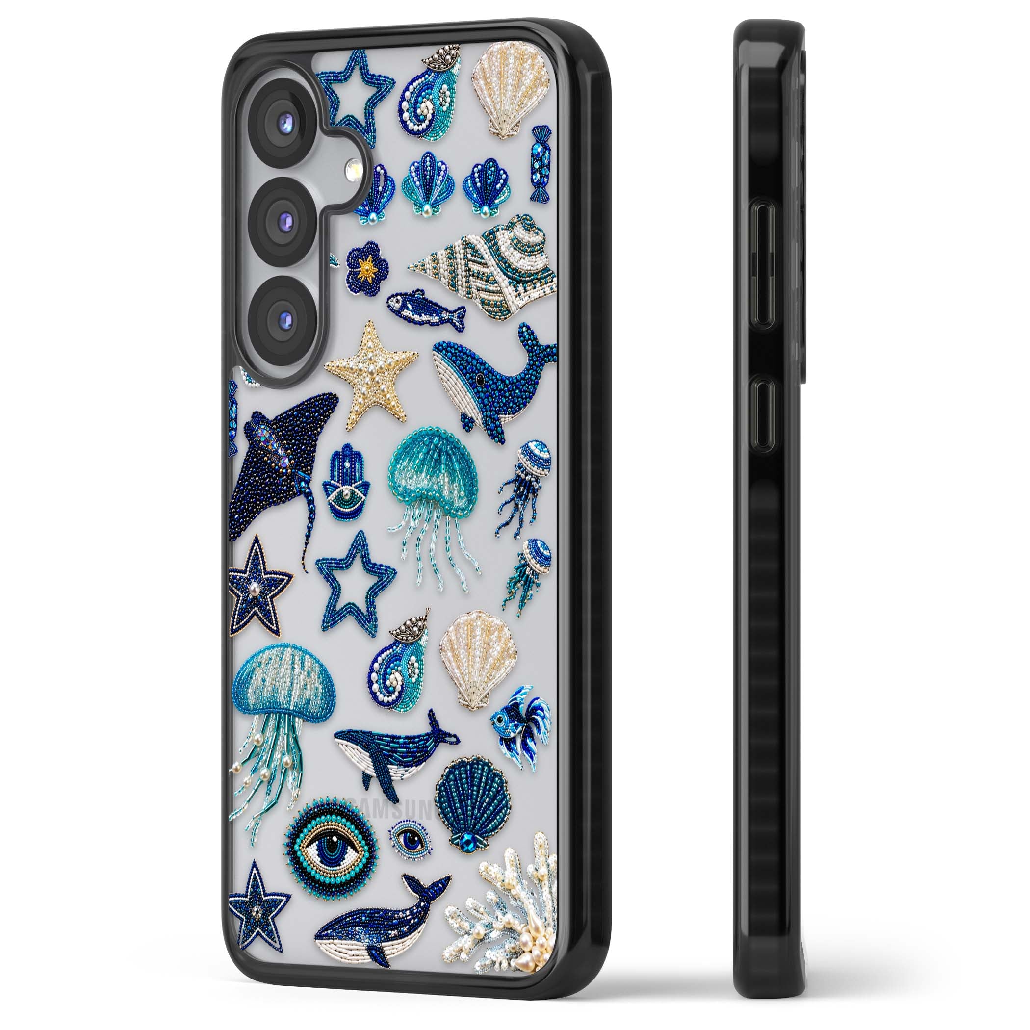 Beaded Coastal coastal iPhone case featuring embroidered seashells, jellyfish and a blue whale on clear | Black Impact case for Samsung Galaxy S25, Samsung Galaxy S25 Plus