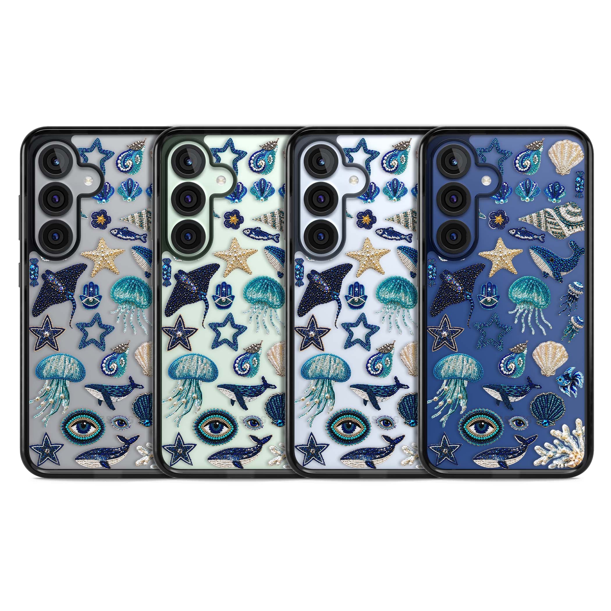 Beaded Coastal coastal iPhone case featuring embroidered seashells, jellyfish and a blue whale on clear | Black Impact case for Samsung Galaxy S25, Samsung Galaxy S25 Plus