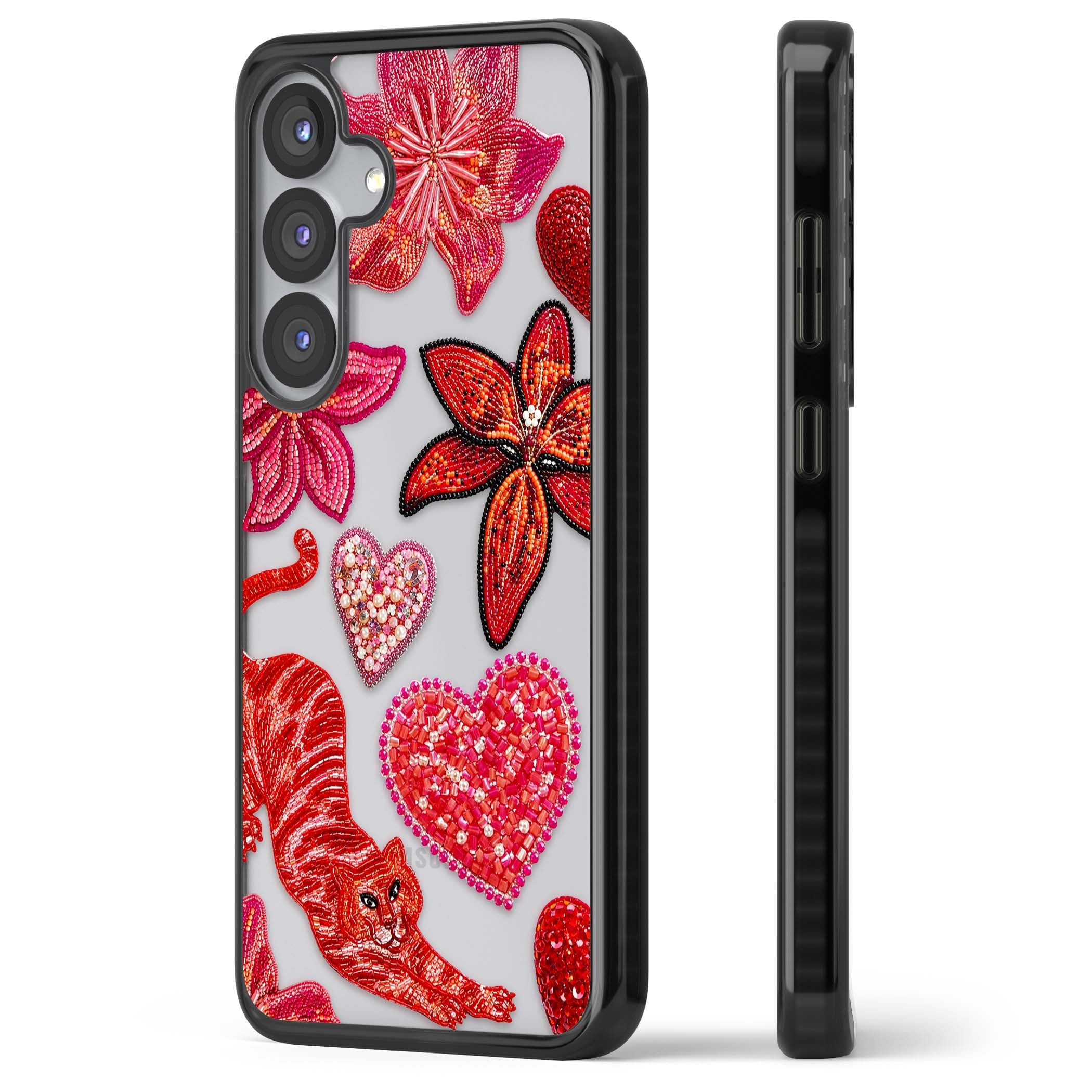 Beaded Boho floral iPhone case featuring beaded red lilies, a stitched tiger, and pearl-encrusted hearts on clear | Black Impact case for Samsung Galaxy S25, Samsung Galaxy S25 Plus