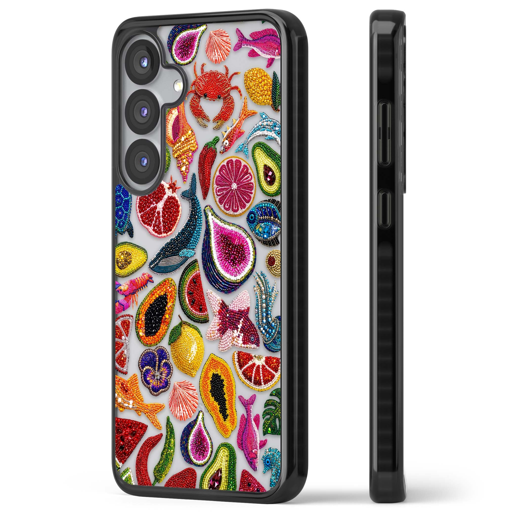 Beaded Tropic tropical iPhone case featuring beaded fruit, fish, crabs and seashells in vibrant colour | Black Impact case for Samsung Galaxy S25, Samsung Galaxy S25 Plus