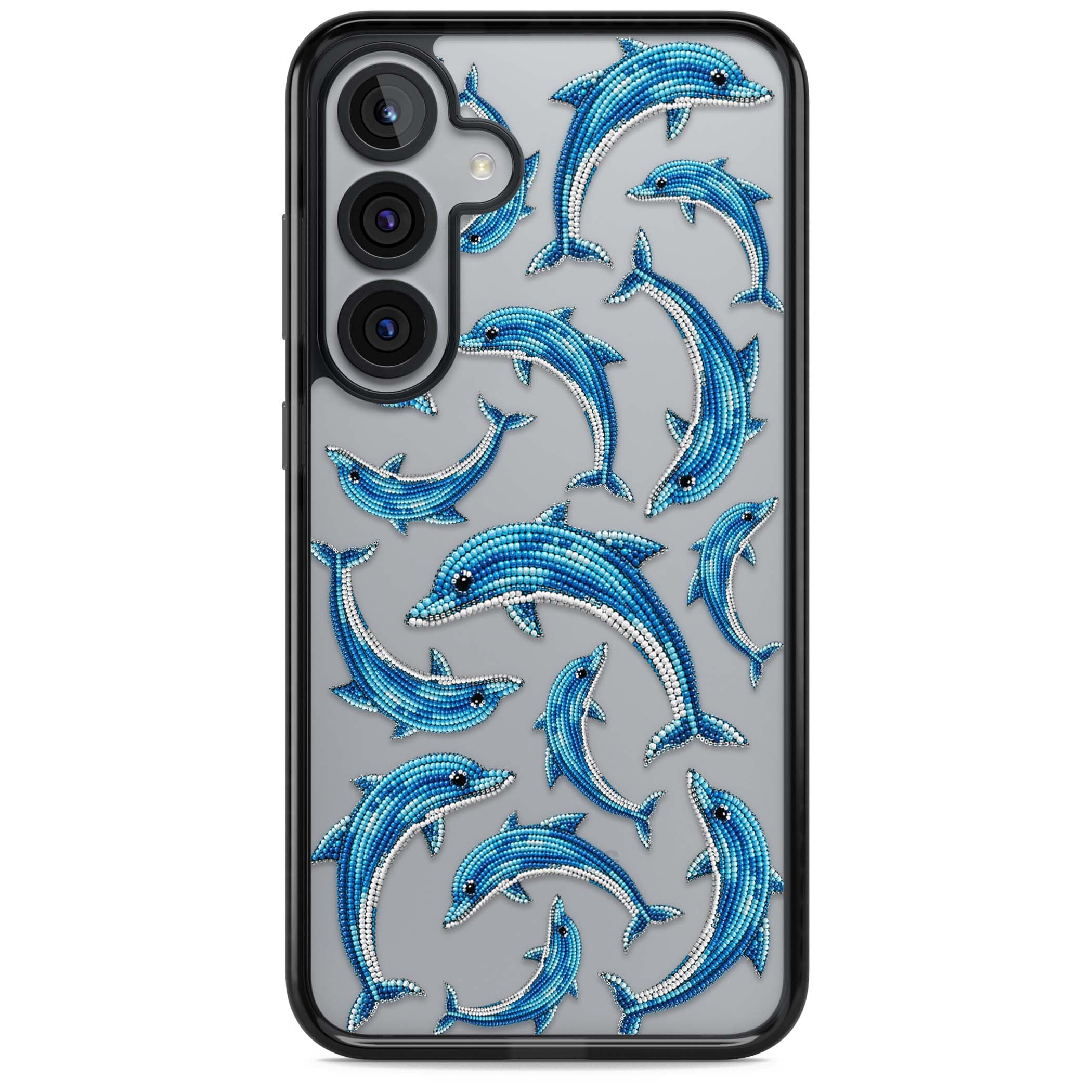 Beaded Dolphins coastal iPhone case featuring beaded dolphins in blue and white swimming across a clear background | Black Impact case for Samsung Galaxy S25, Samsung Galaxy S25 Plus
