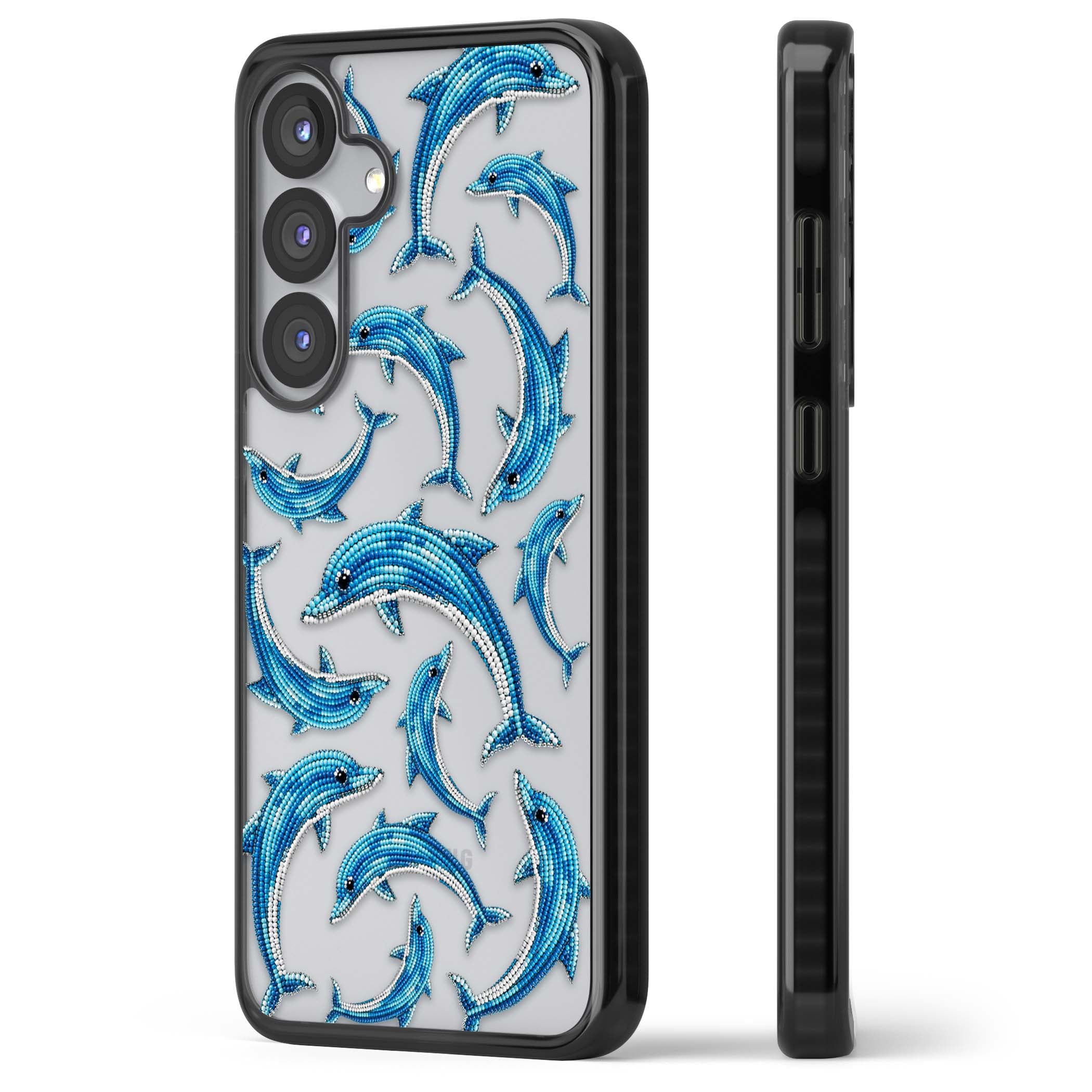 Beaded Dolphins coastal iPhone case featuring beaded dolphins in blue and white swimming across a clear background | Black Impact case for Samsung Galaxy S25, Samsung Galaxy S25 Plus