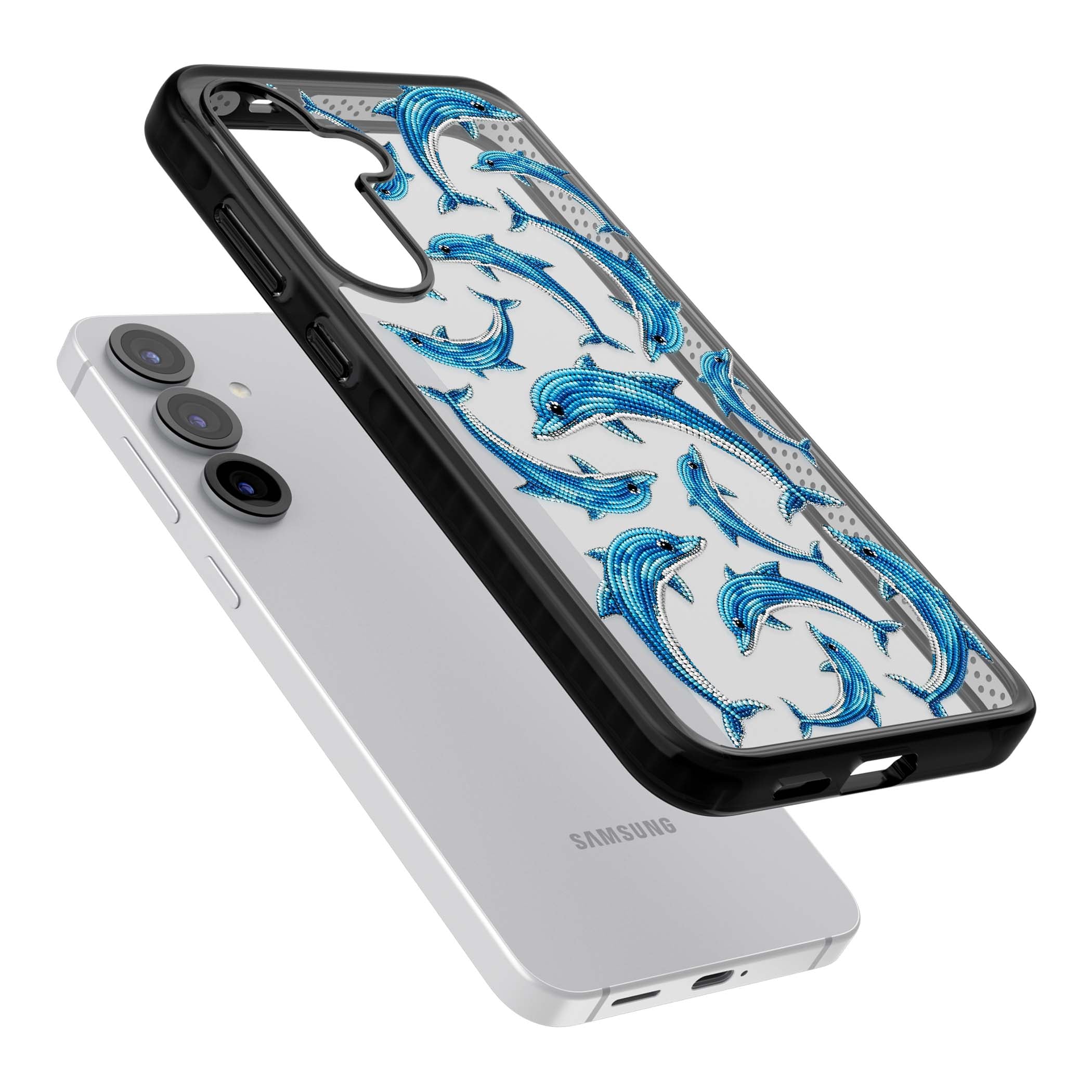 Beaded Dolphins coastal iPhone case featuring beaded dolphins in blue and white swimming across a clear background | Black Impact case for Samsung Galaxy S25, Samsung Galaxy S25 Plus