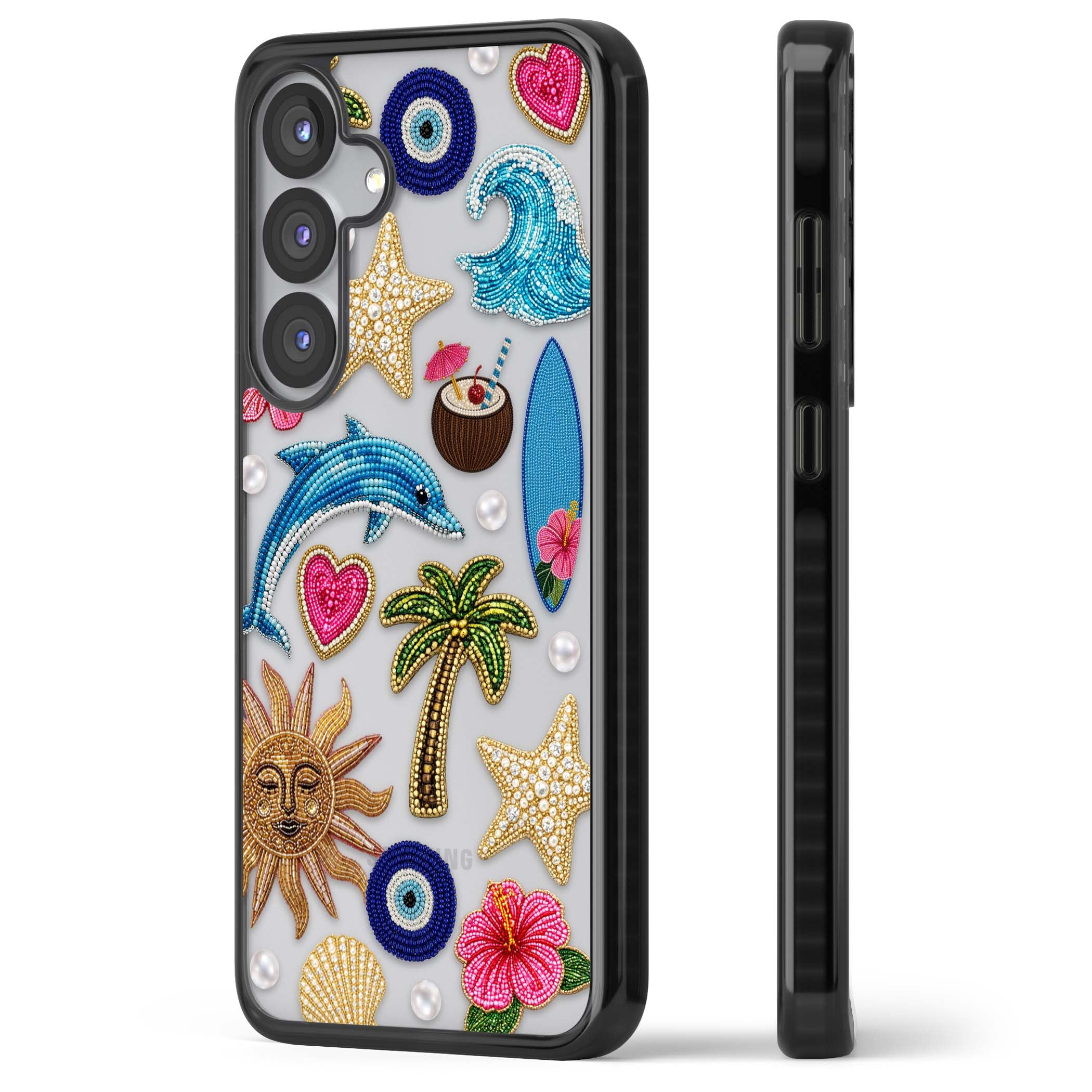 Beaded Beach coastal summer iPhone case featuring embroidered evil eye, hibiscus flowers, dolphin and palm tree patches | Black Impact case for Samsung Galaxy S25, Samsung Galaxy S25 Plus
