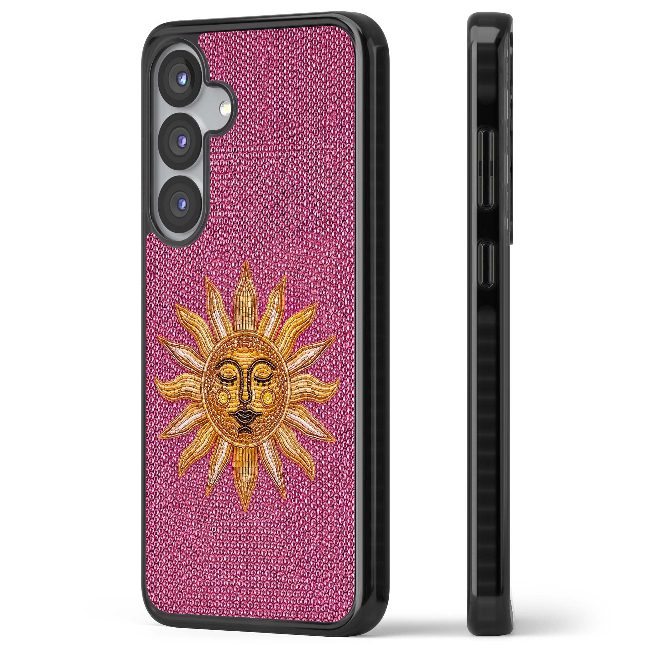 Beaded Sun celestial iPhone case featuring a golden beaded sun face with radiant rays on hot pink beaded background | Black Impact case for Samsung Galaxy S25, Samsung Galaxy S25 Plus
