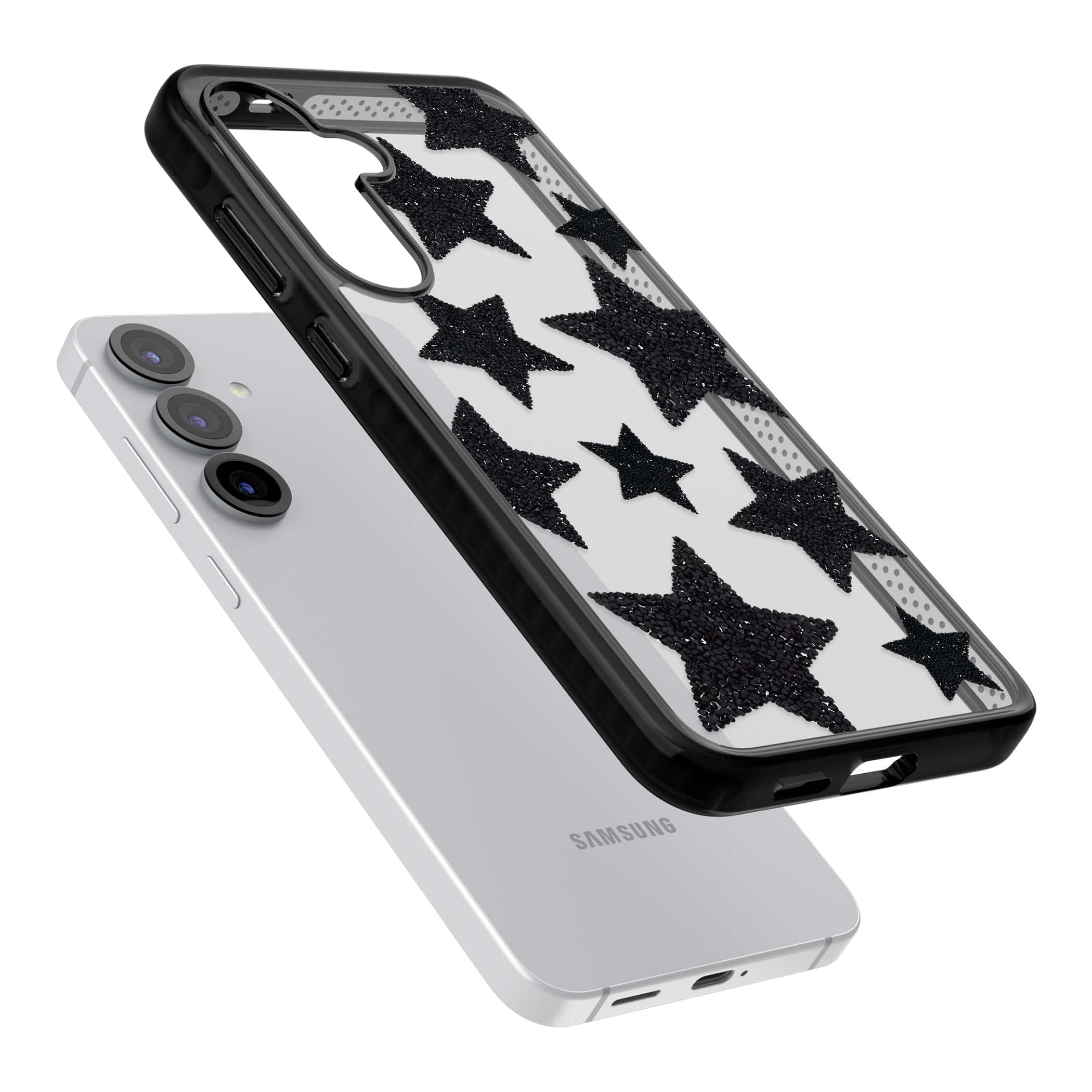Beaded Black Stars celestial iPhone case featuring black glitter beaded stars scattered on a clear background | Black Impact case for Samsung Galaxy S25, Samsung Galaxy S25 Plus