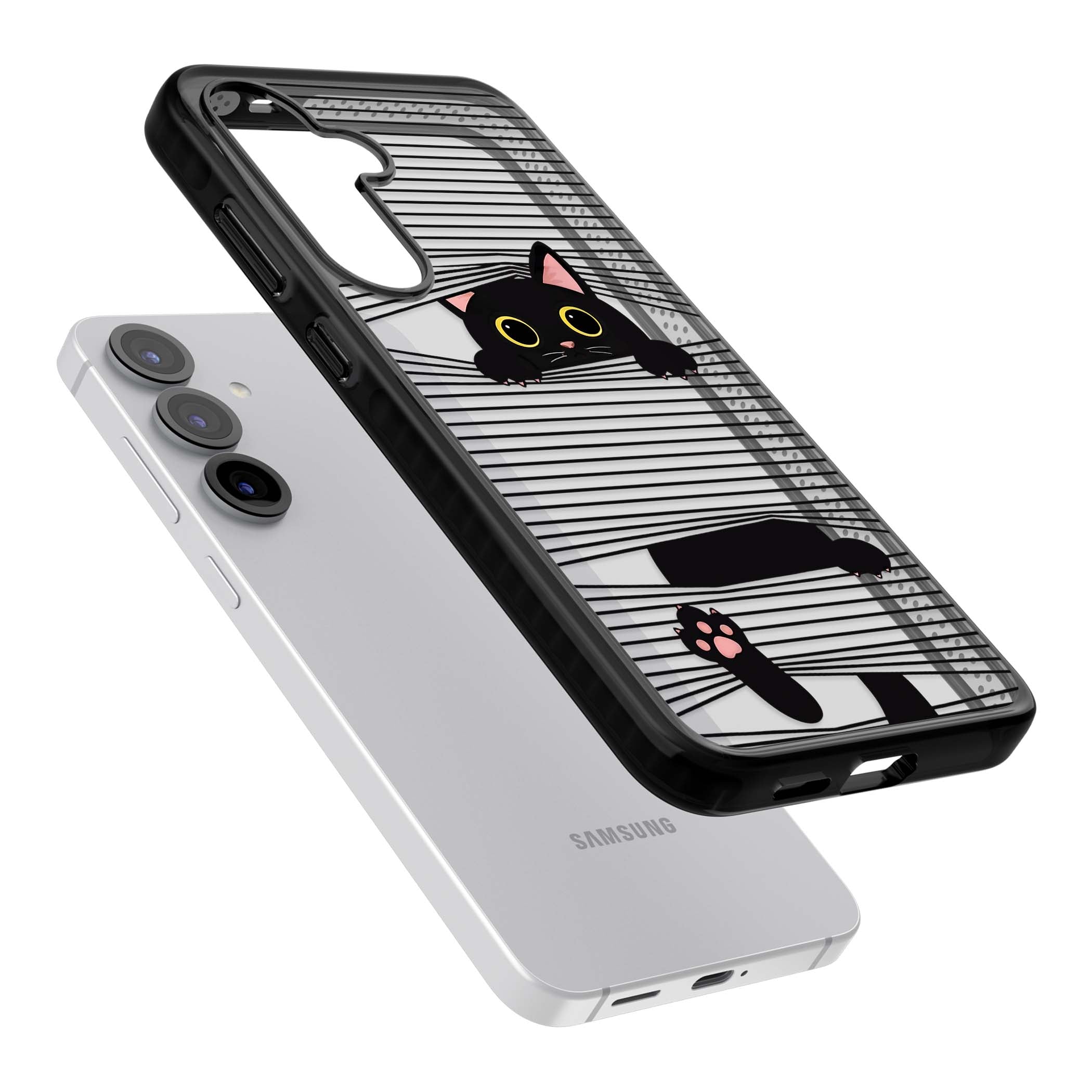 Peek-a-Boo Cat minimal iPhone case featuring black cat peeking through horizontal black and white stripes | Black Impact case for Samsung Galaxy S25, Samsung Galaxy S25 Plus
