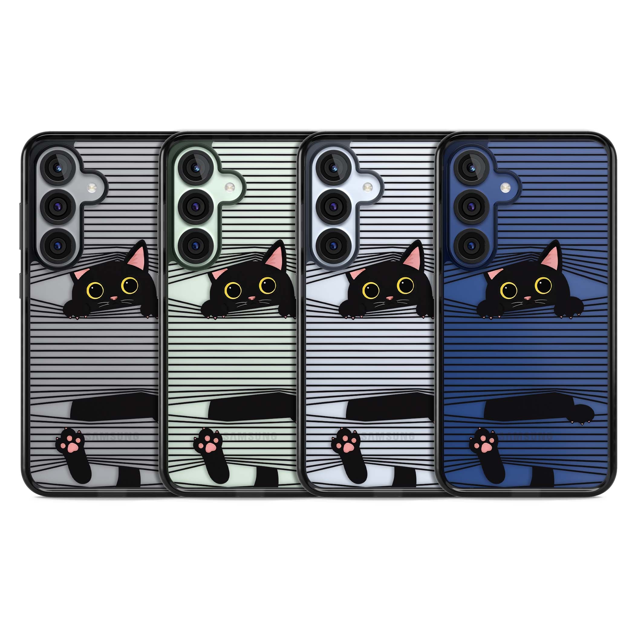 Peek-a-Boo Cat minimal iPhone case featuring black cat peeking through horizontal black and white stripes | Black Impact case for Samsung Galaxy S25, Samsung Galaxy S25 Plus