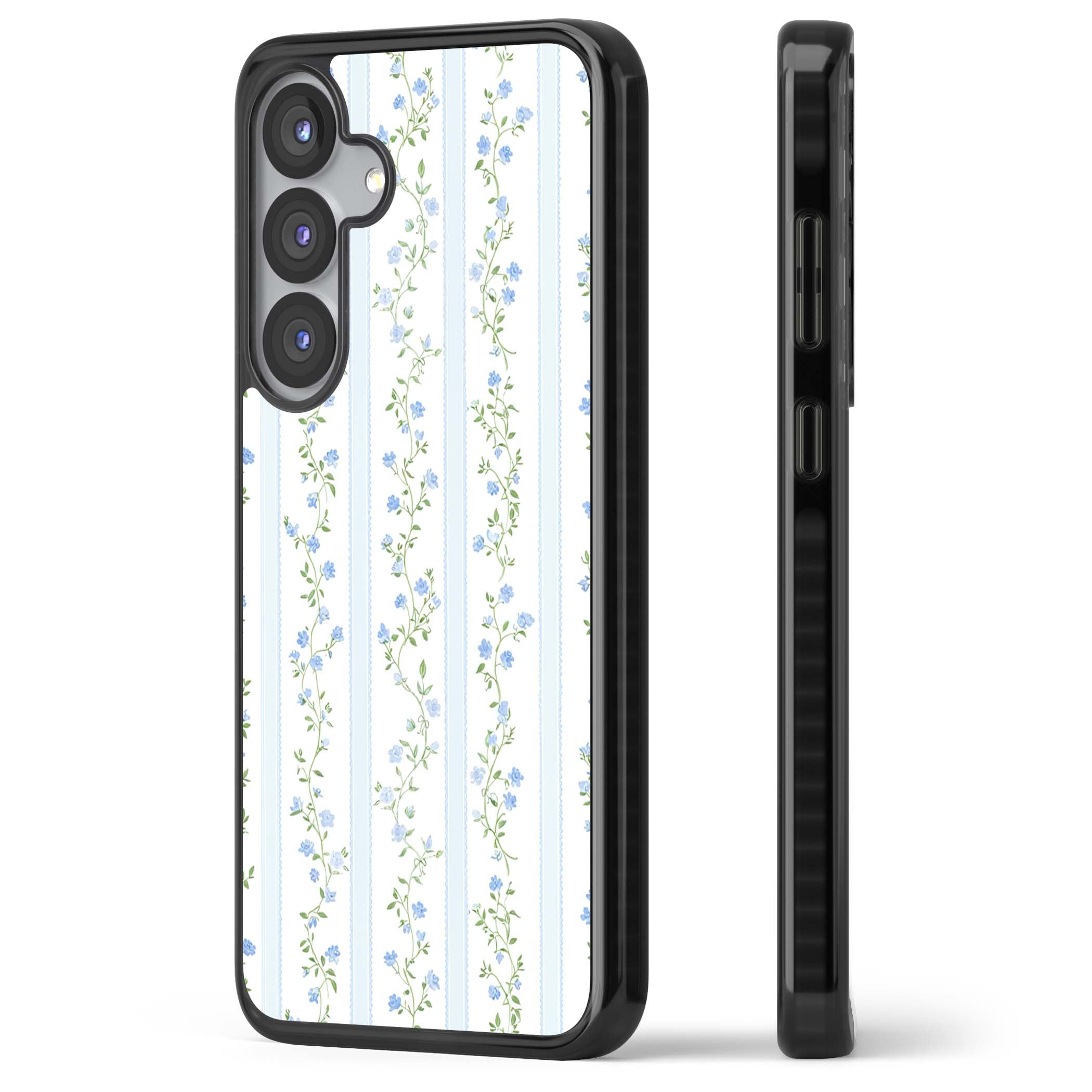 Bluebell Vine cottagecore iPhone case featuring climbing blue roses, trailing green vines, and pale ticking stripes | Black Impact case for Samsung Galaxy S25, Samsung Galaxy S25 Plus