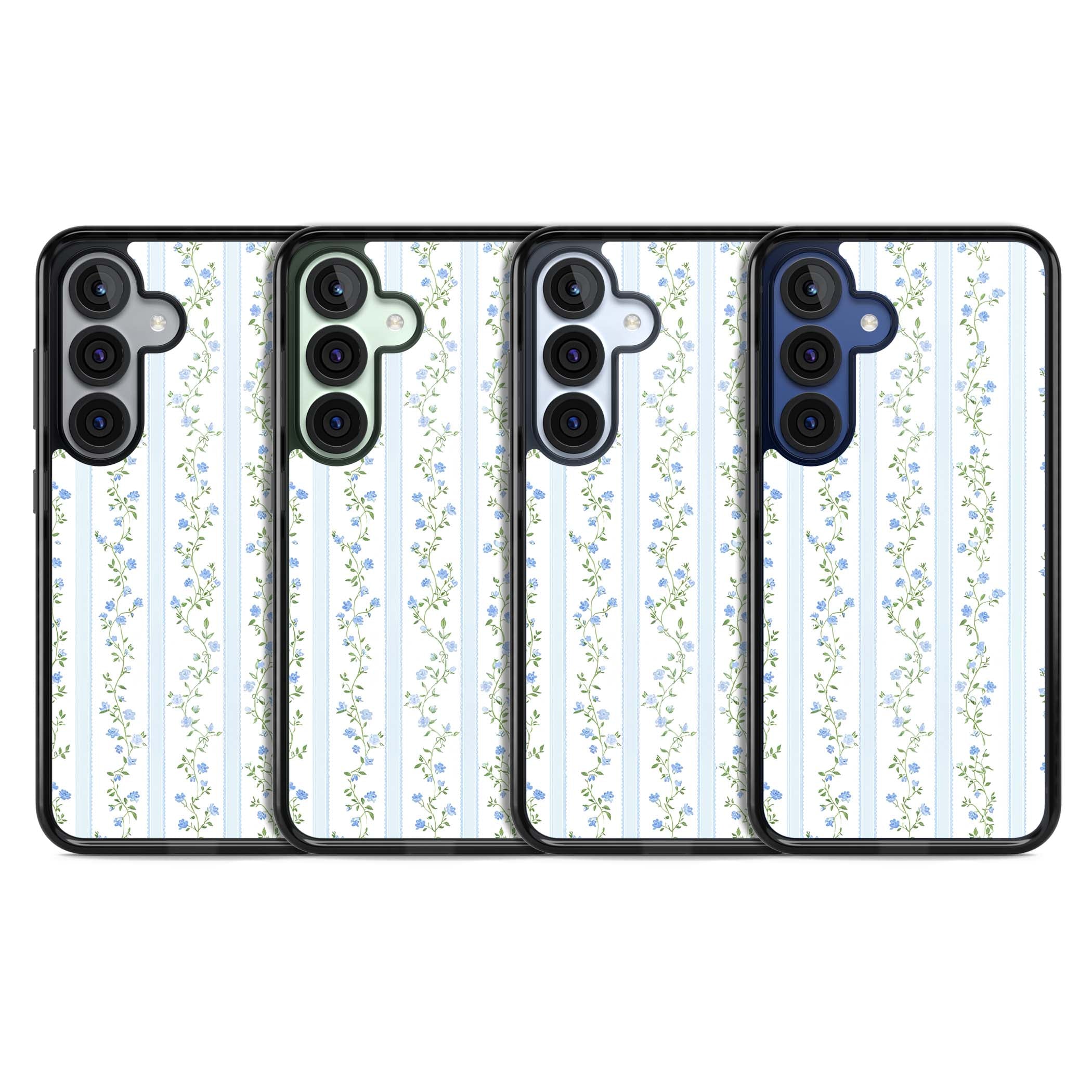 Bluebell Vine cottagecore iPhone case featuring climbing blue roses, trailing green vines, and pale ticking stripes | Black Impact case for Samsung Galaxy S25, Samsung Galaxy S25 Plus