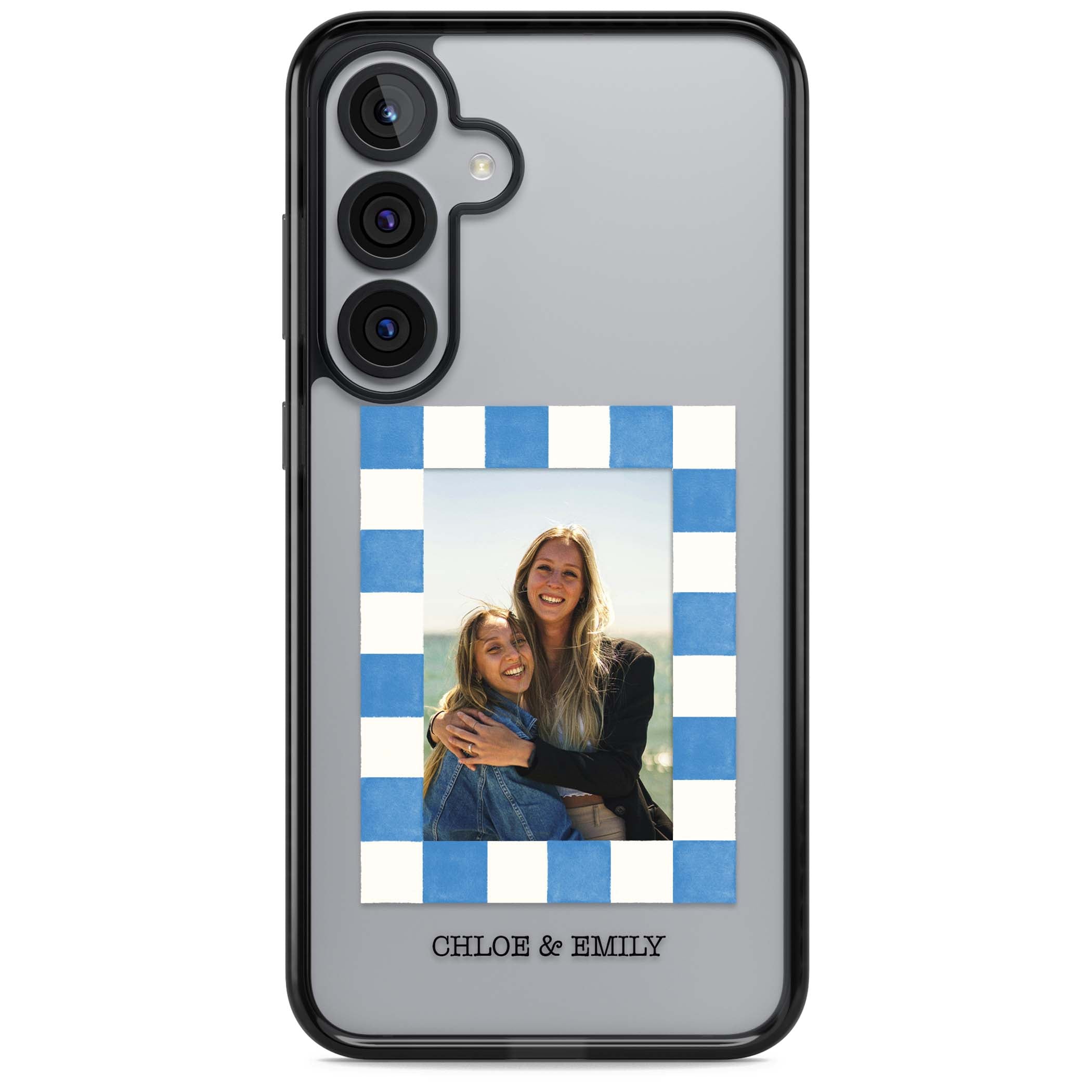 Blue Check Photo personalised photo iPhone case with blue checkered frame and custom couple names | Black Impact case for Samsung Galaxy S25, Samsung Galaxy S25 Plus