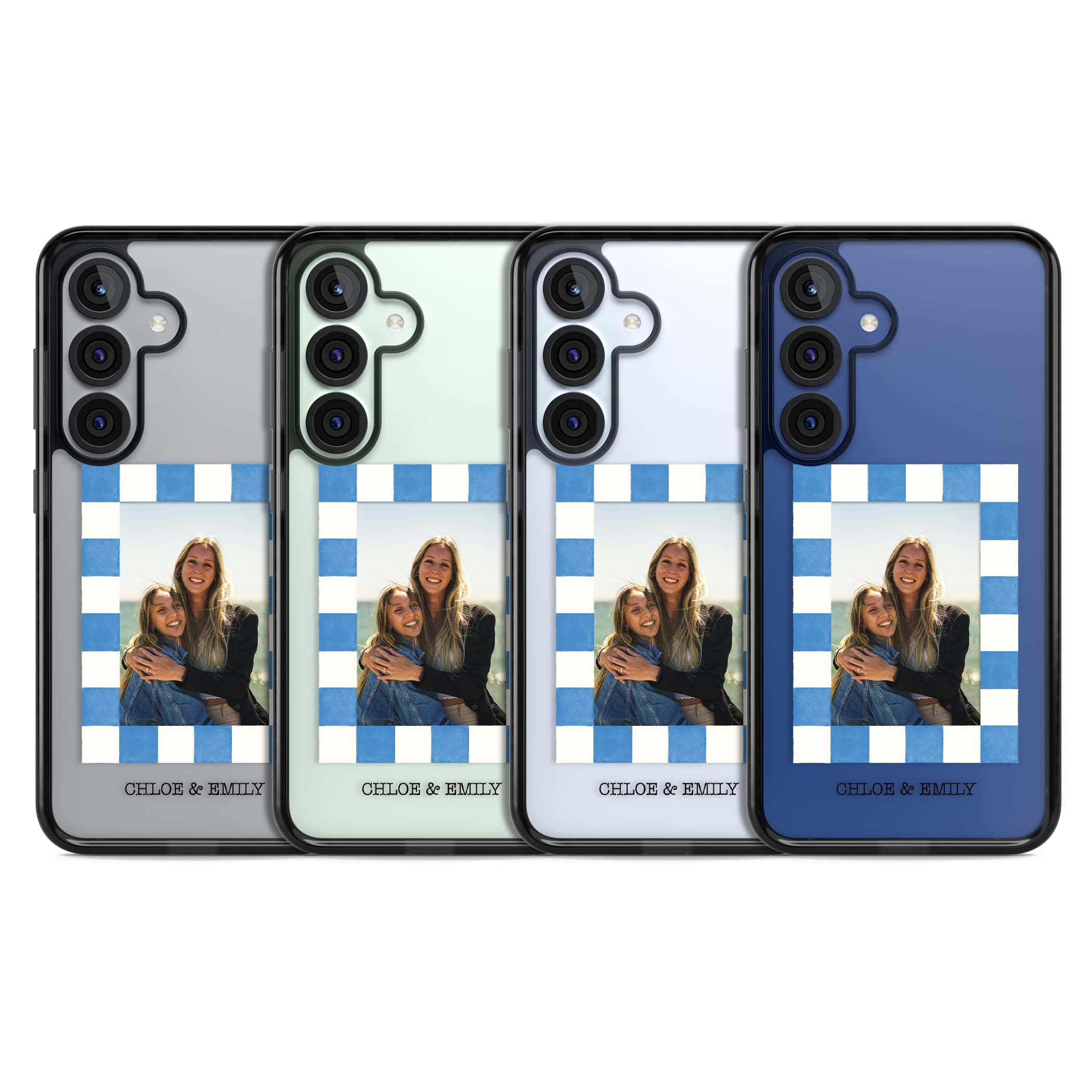 Blue Check Photo personalised photo iPhone case with blue checkered frame and custom couple names | Black Impact case for Samsung Galaxy S25, Samsung Galaxy S25 Plus