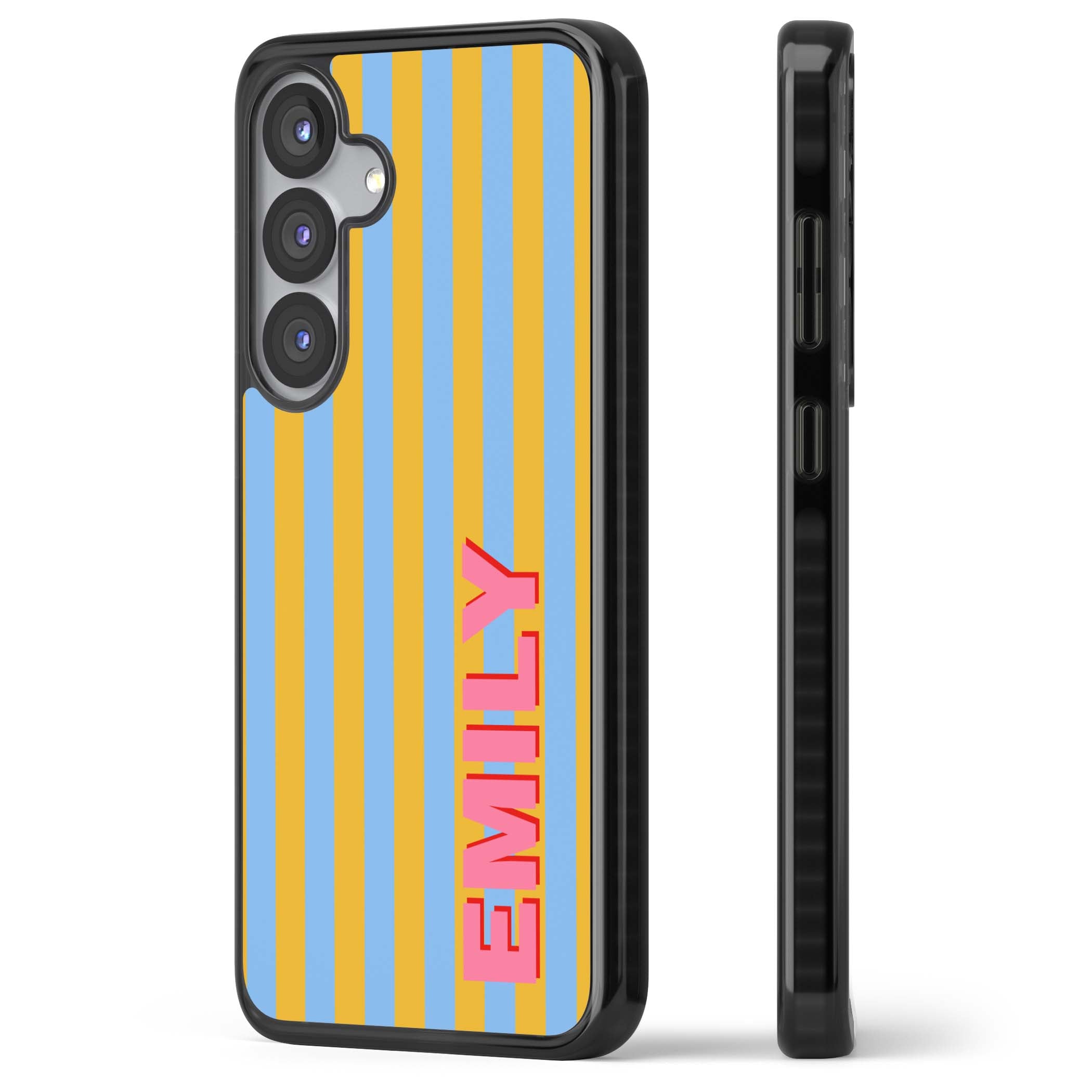 Carribean Stripe personalised coastal iPhone case with yellow and blue vertical stripes and a custom pink name | Black Impact case for Samsung Galaxy S25, Samsung Galaxy S25 Plus