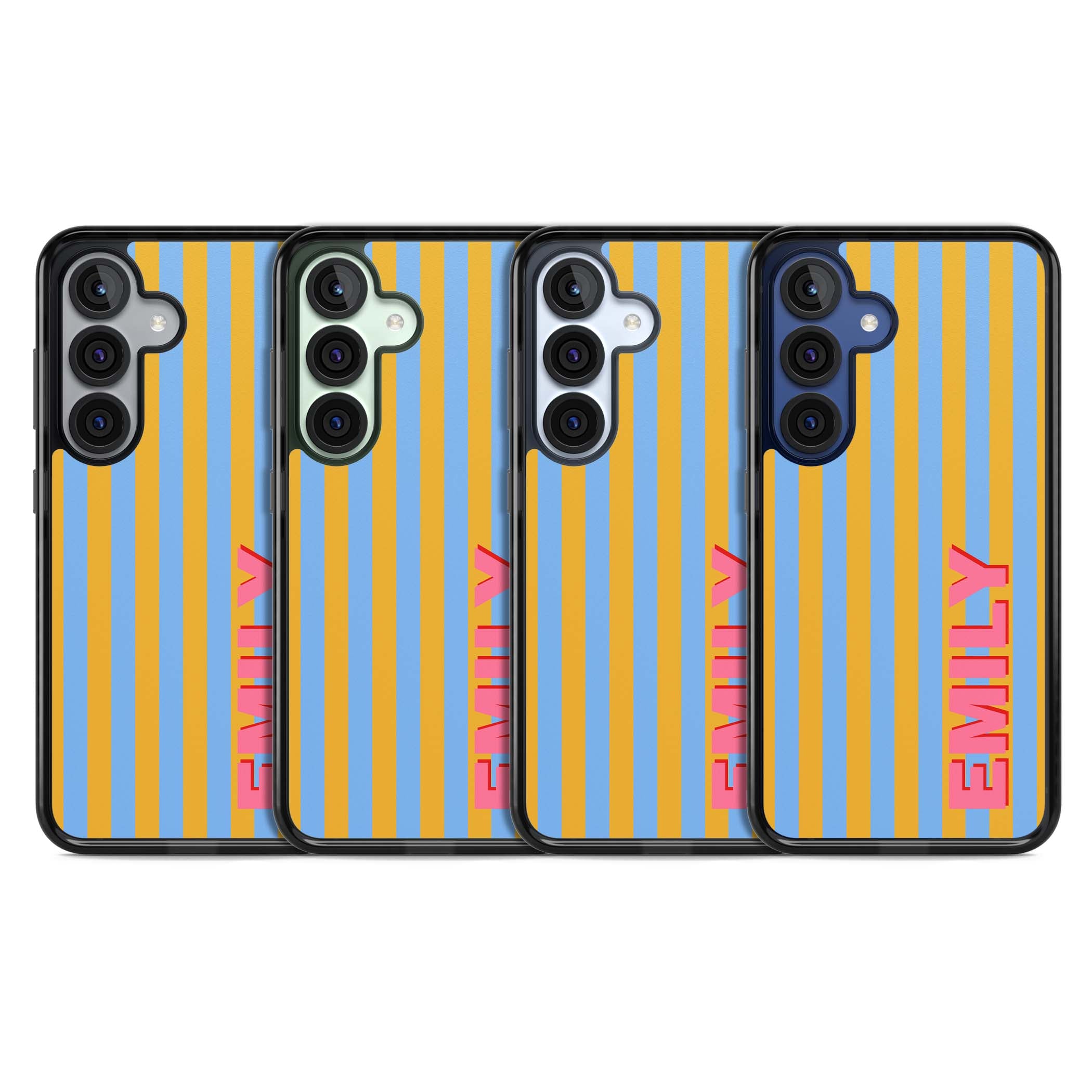 Carribean Stripe personalised coastal iPhone case with yellow and blue vertical stripes and a custom pink name | Black Impact case for Samsung Galaxy S25, Samsung Galaxy S25 Plus