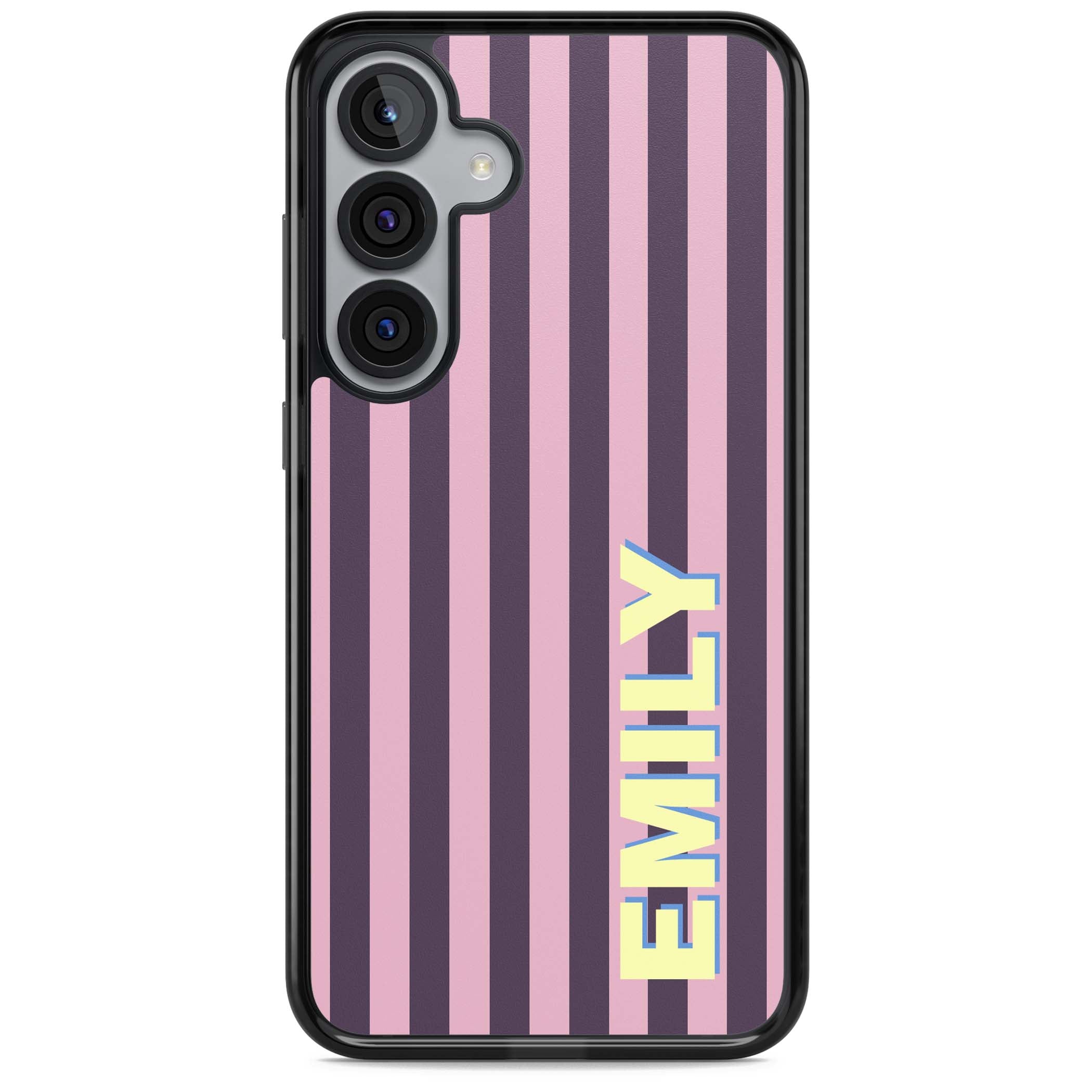 Tyre Stripe personalised stripe iPhone case with plum and pink vertical stripes and custom yellow name | Black Impact case for Samsung Galaxy S25, Samsung Galaxy S25 Plus