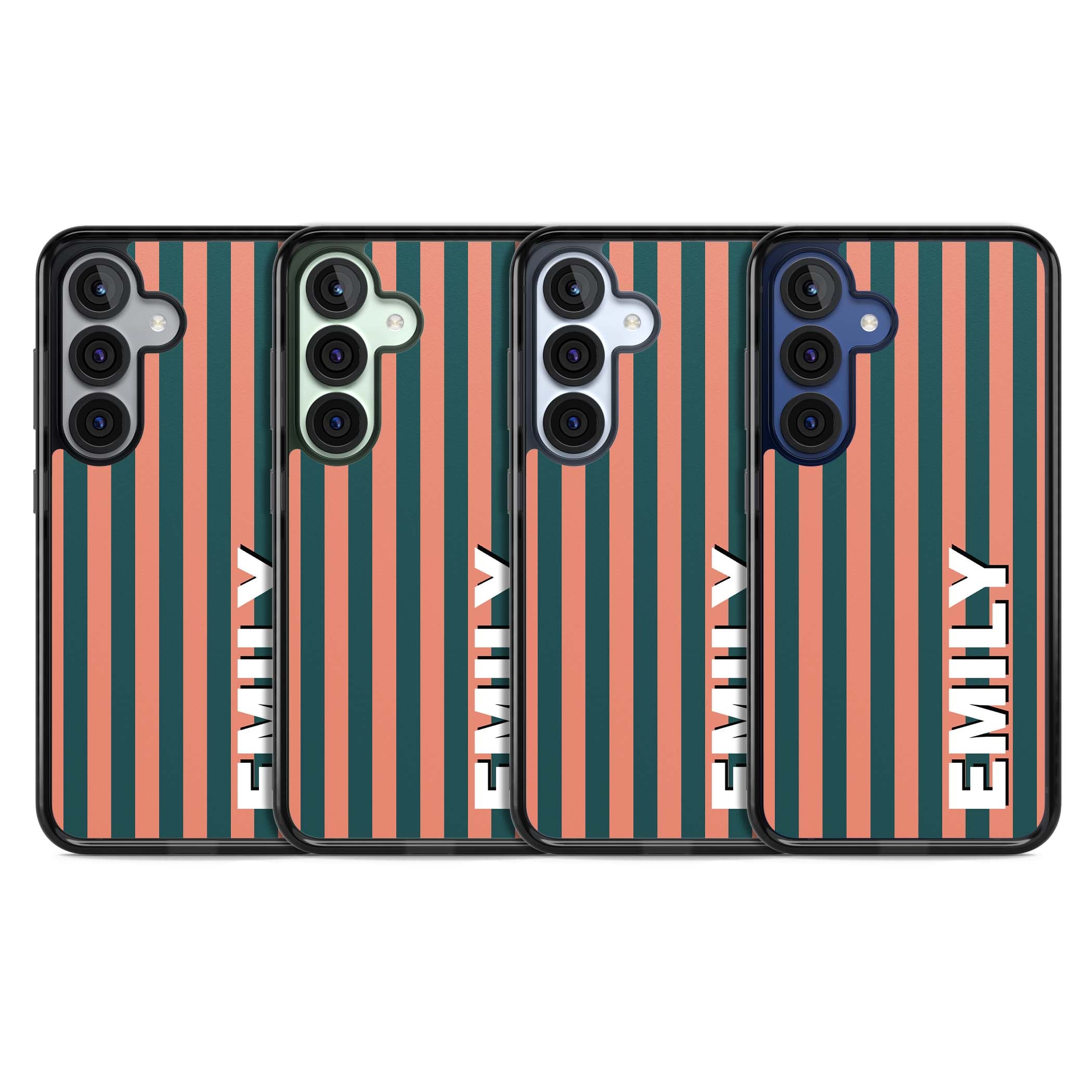 Tuscan Stripe personalised iPhone case featuring coral and green vertical stripes with bold custom name | Black Impact case for Samsung Galaxy S25, Samsung Galaxy S25 Plus