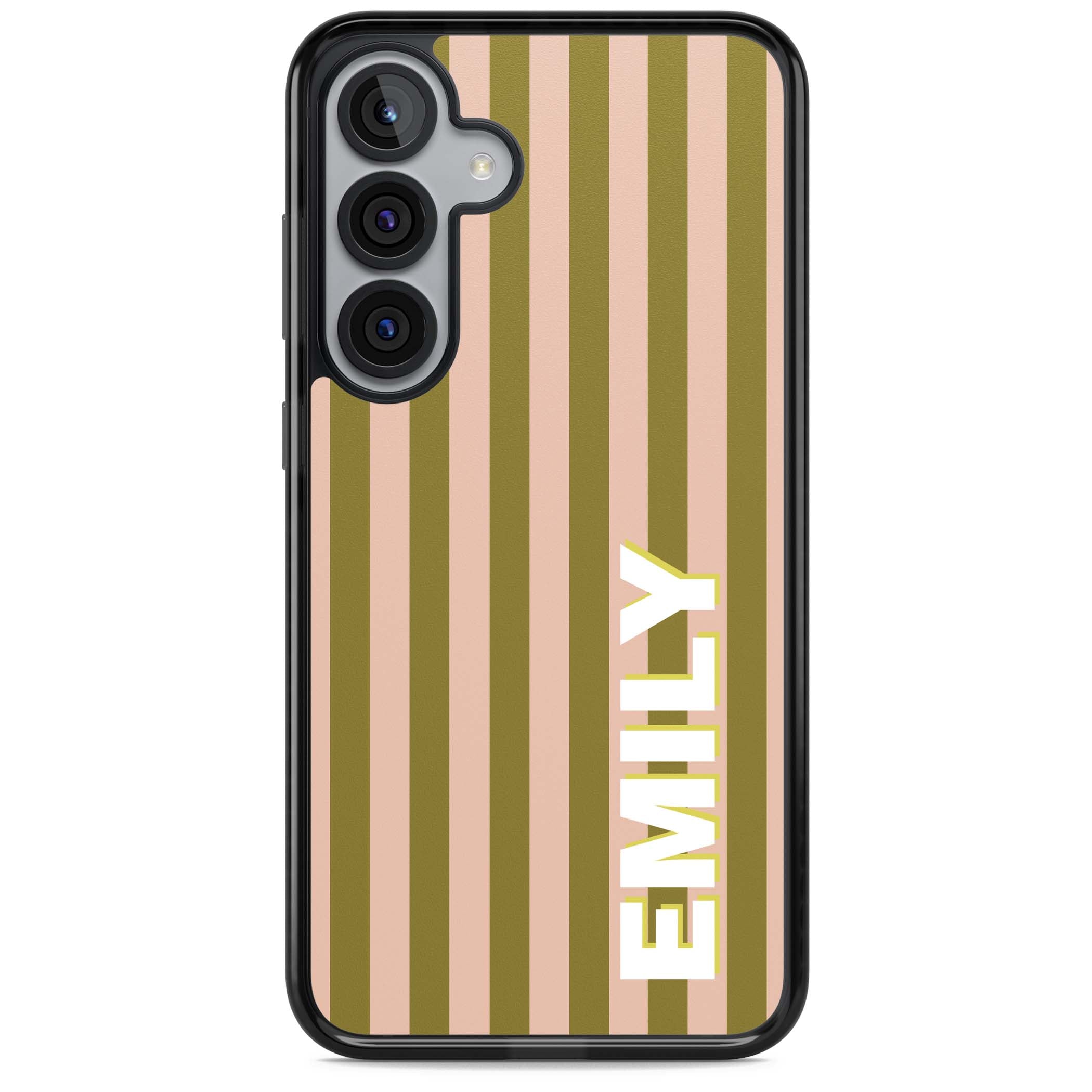Indian Stripe personalised iPhone case featuring olive green and blush pink vertical stripes with custom name in whit | Black Impact case for Samsung Galaxy S25, Samsung Galaxy S25 Plus