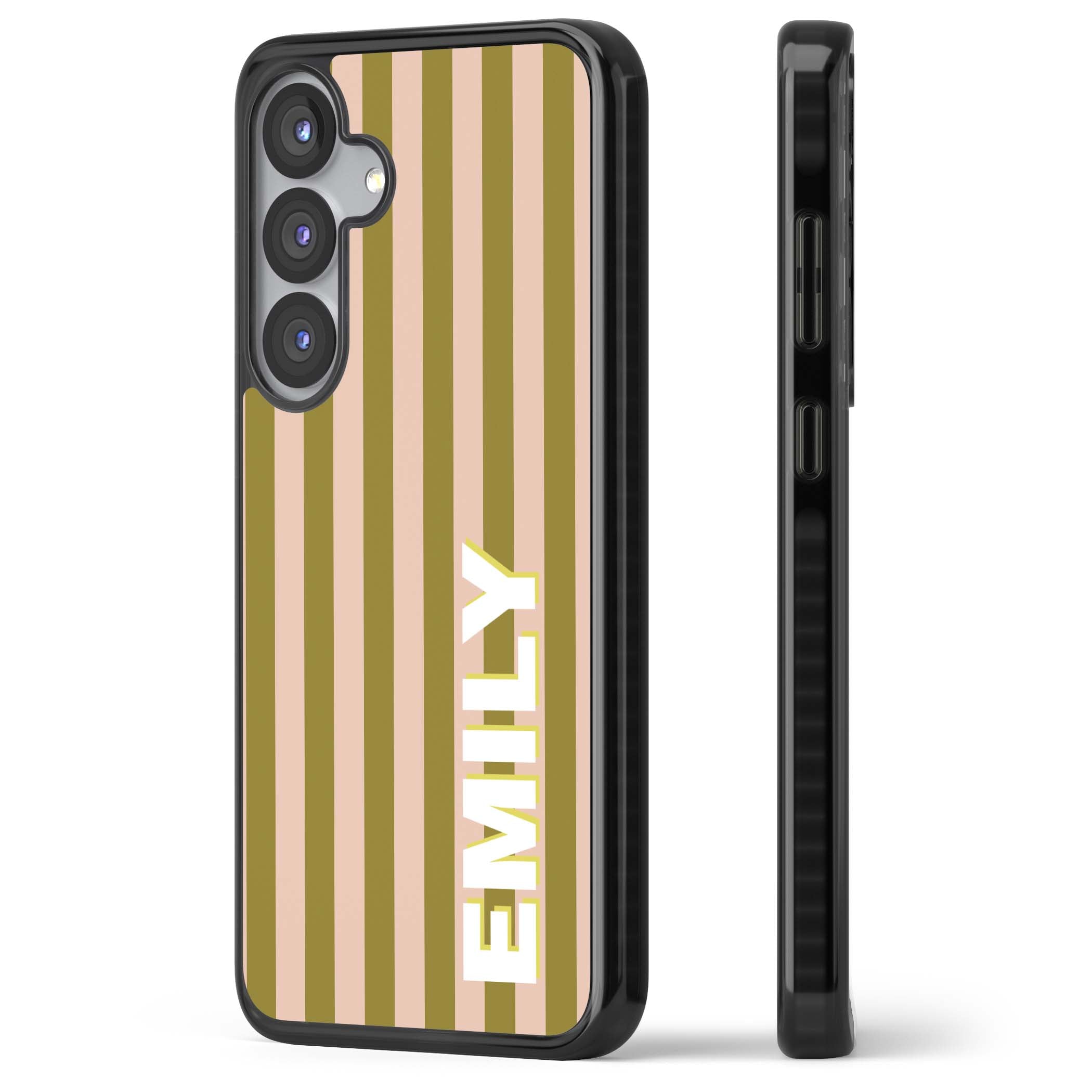 Indian Stripe personalised iPhone case featuring olive green and blush pink vertical stripes with custom name in whit | Black Impact case for Samsung Galaxy S25, Samsung Galaxy S25 Plus