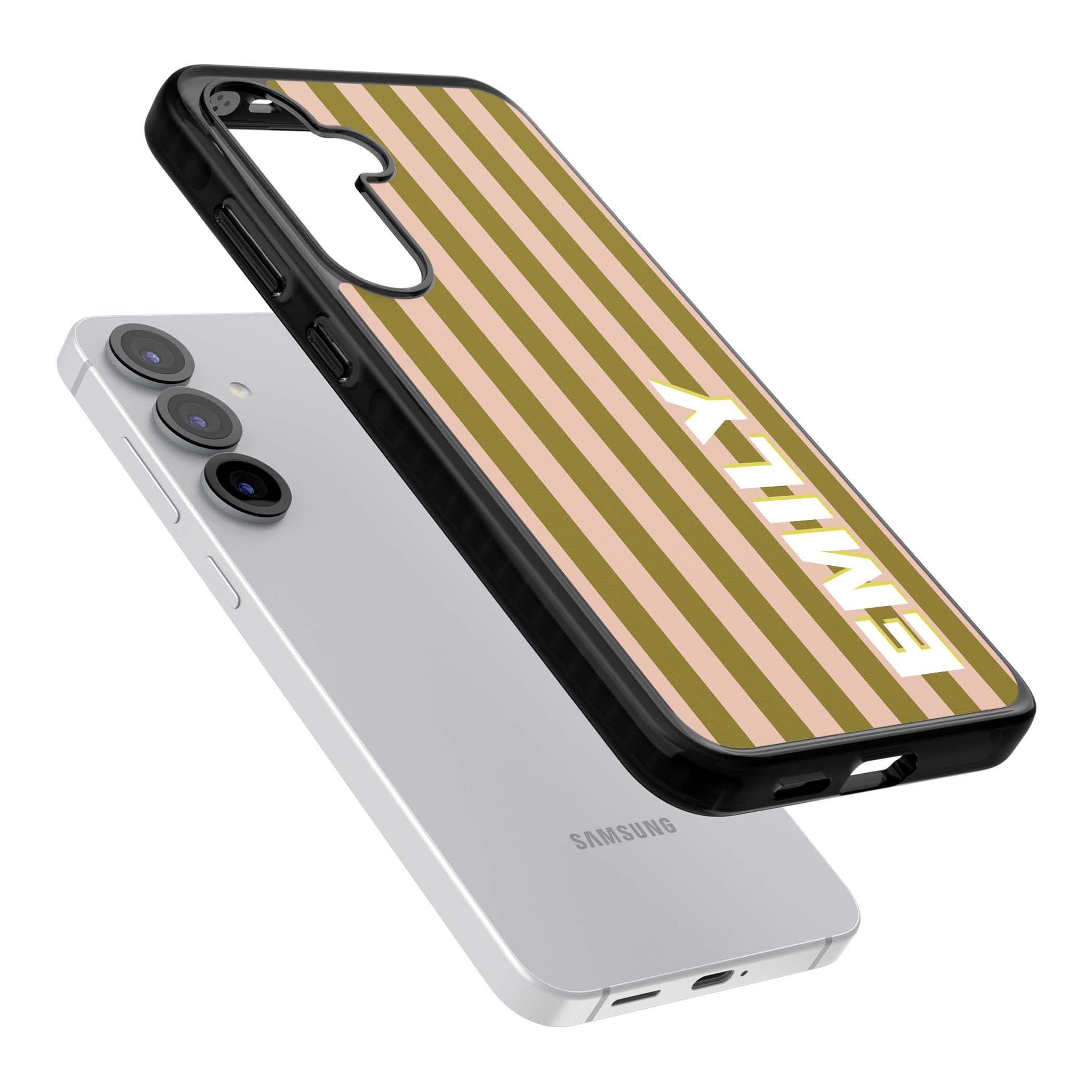 Indian Stripe personalised iPhone case featuring olive green and blush pink vertical stripes with custom name in whit | Black Impact case for Samsung Galaxy S25, Samsung Galaxy S25 Plus