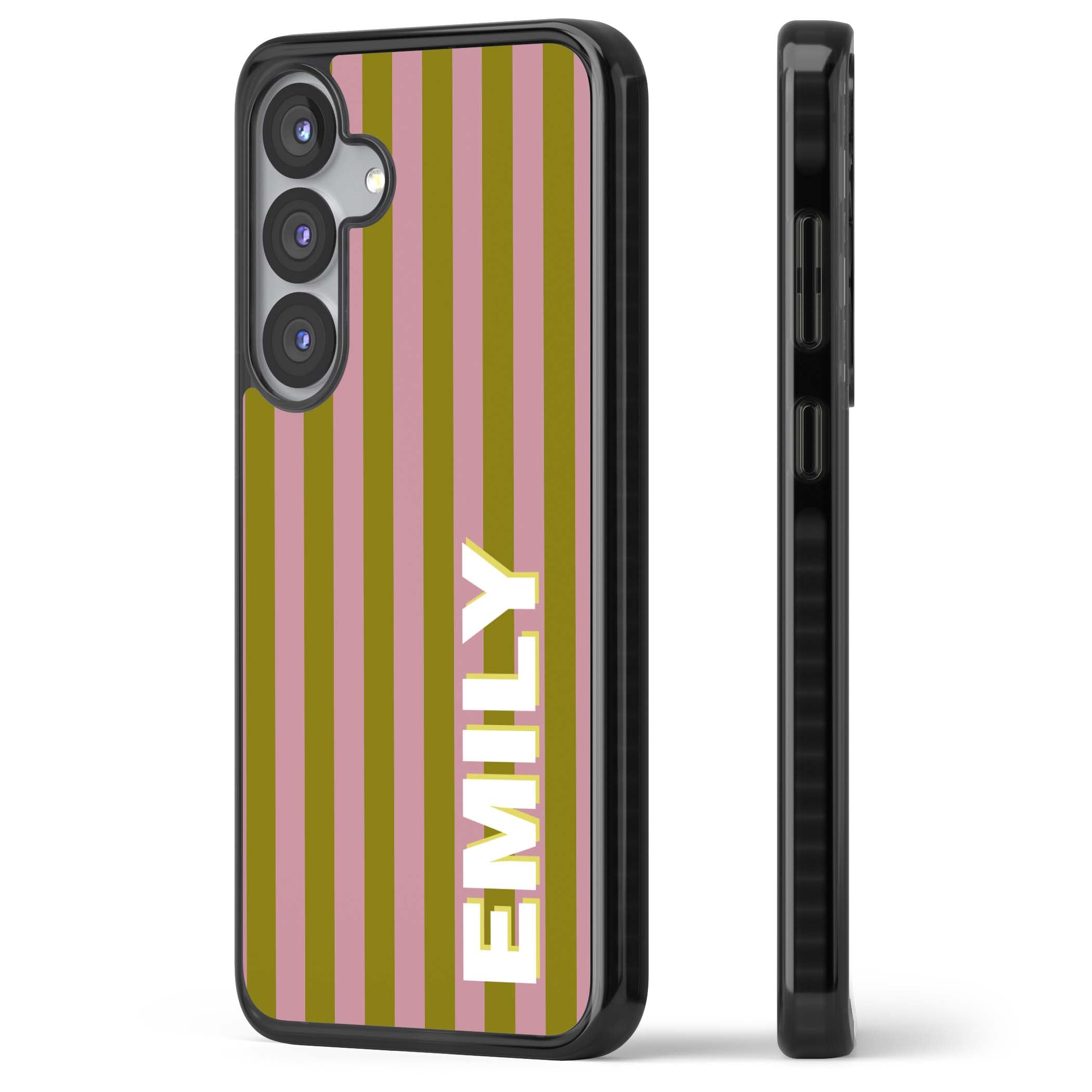 Istanbul Stripe personalised iPhone case featuring pink and olive green vertical stripes with a custom vertical name | Black Impact case for Samsung Galaxy S25, Samsung Galaxy S25 Plus