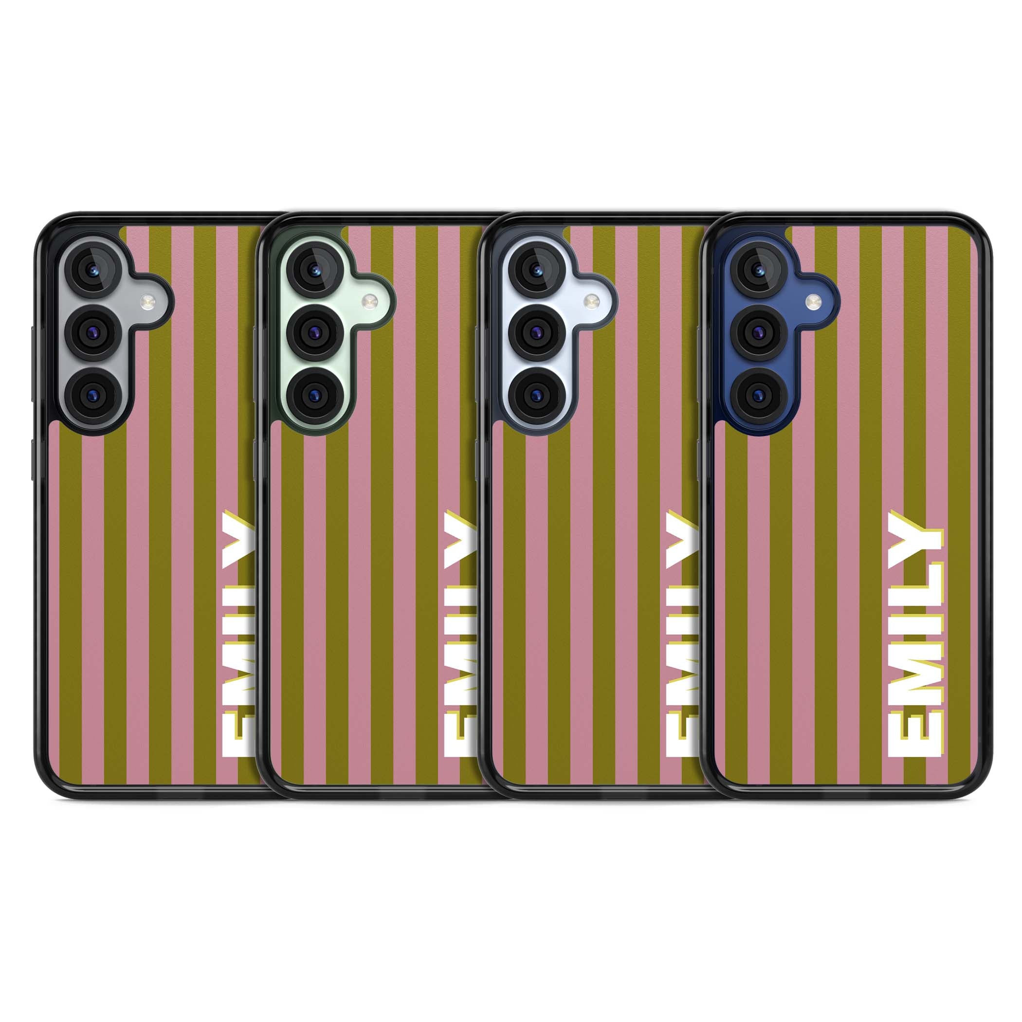 Istanbul Stripe personalised iPhone case featuring pink and olive green vertical stripes with a custom vertical name | Black Impact case for Samsung Galaxy S25, Samsung Galaxy S25 Plus