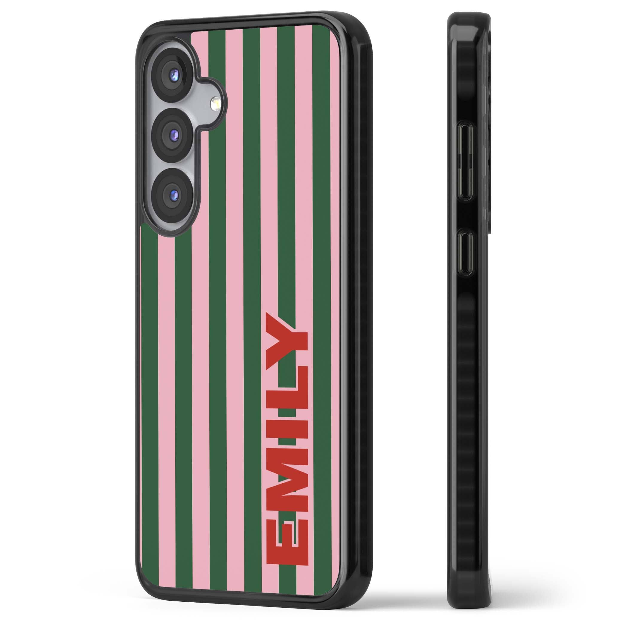 Italian Stripe preppy iPhone case featuring pink and green vertical stripes with personalised red name | Black Impact case for Samsung Galaxy S25, Samsung Galaxy S25 Plus
